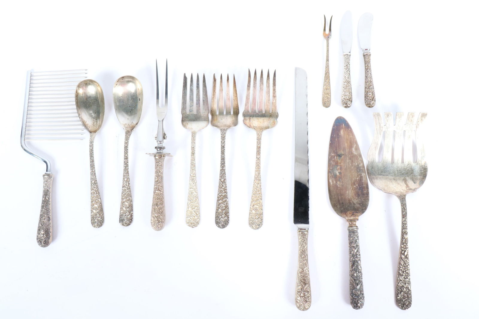 S. Kirk & Son, Repousse floral sterling silver flatware serving pieces. 13 1/4"H x 3/4"W (Largest) (1 of 11)