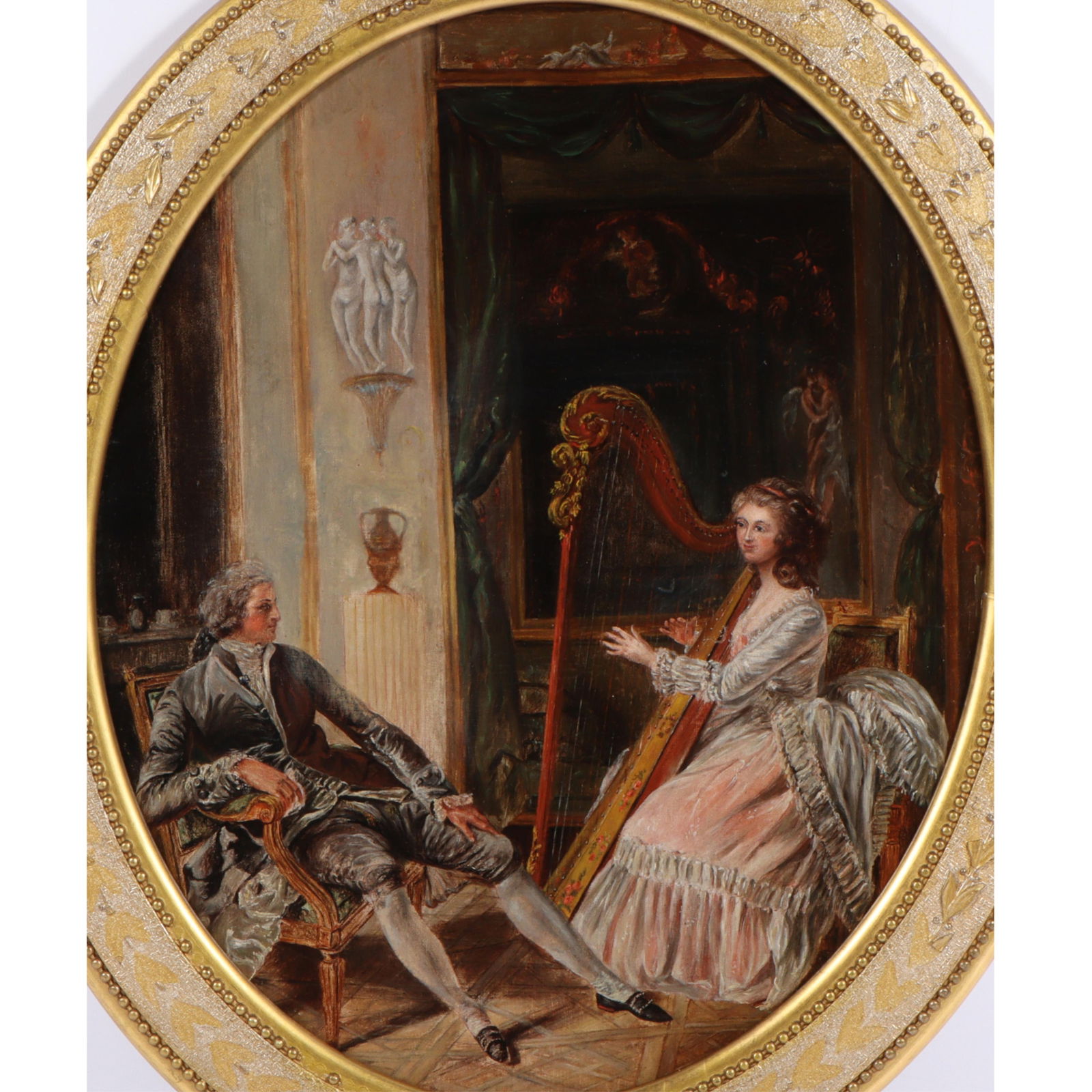 Antique French Rococo/Baroque school oil painting on canvas depicting an interior scene with lady (1 of 9)
