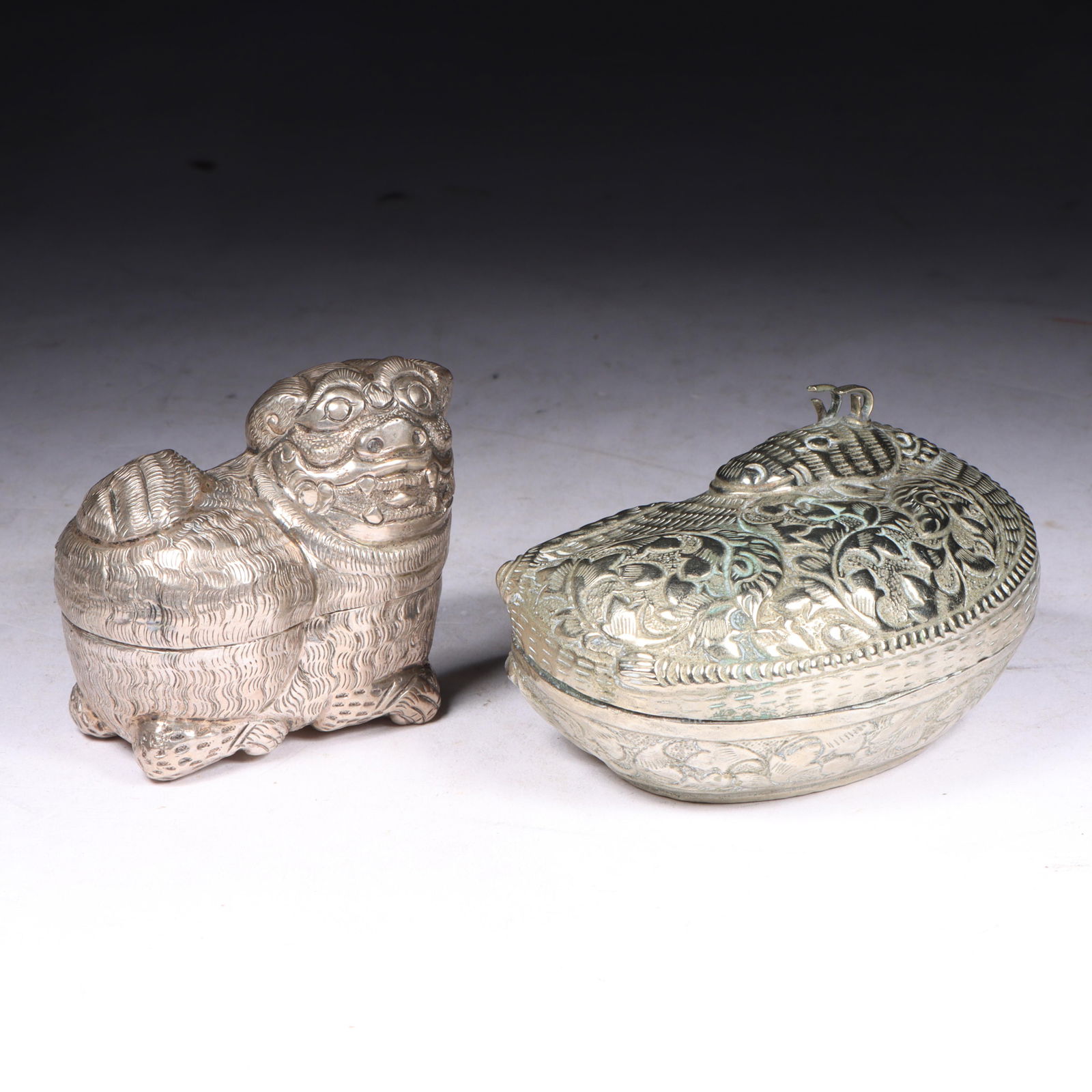 Cambodian silver animal form repousse betel figural boxes: foo dog, qilin. 2?H x 3?W x 2?D (snake (1 of 9)