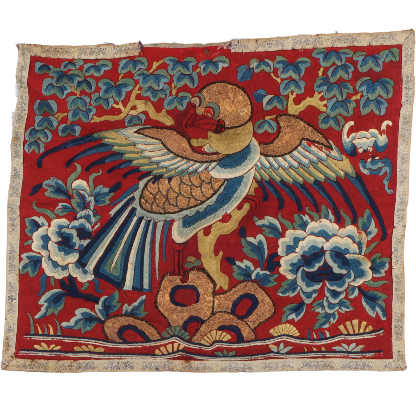 Framed Chinese Mandarin square silk red ground embroidered textile robe panel bird rank badge, Qing (1 of 11)