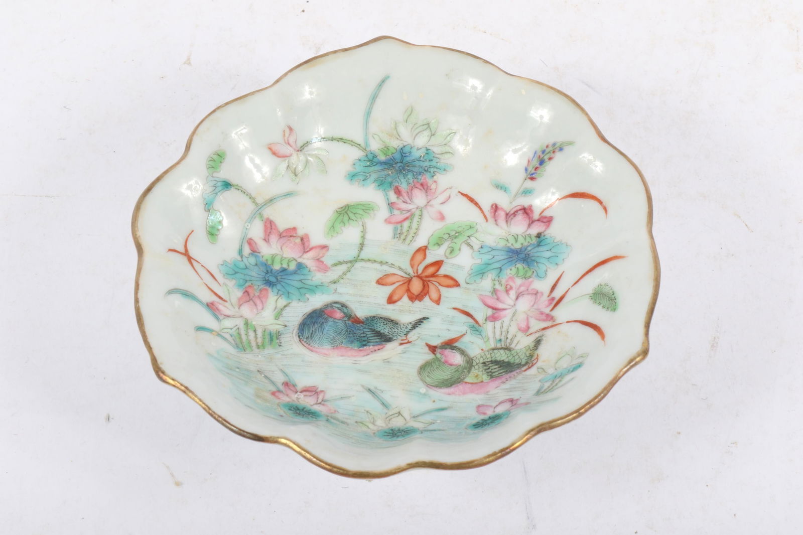 Chinese Tongzhi Famille Rose swimming ducks porcelain footed dish 2"H x 5 1/2"Diam. (1 of 8)