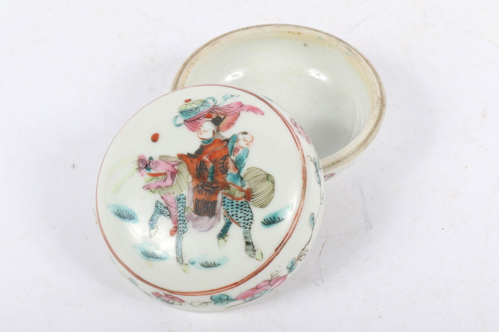 Chinese Qing Dynasty enameled porcelain seal paste box depicting figures riding a qilin 2 1/4"H x 3 (1 of 8)