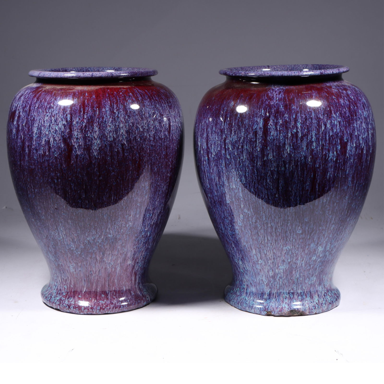 Pair Chinese purple flambe glaze porcelain urn vases 12?H x 6 1/2?D (1 of 17)