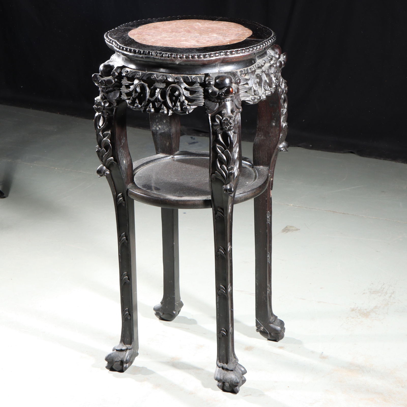 Chinese Qing Dynasty ornately carved floral marble top hardwood pedestal side table stand 32 1/2?H x (1 of 12)