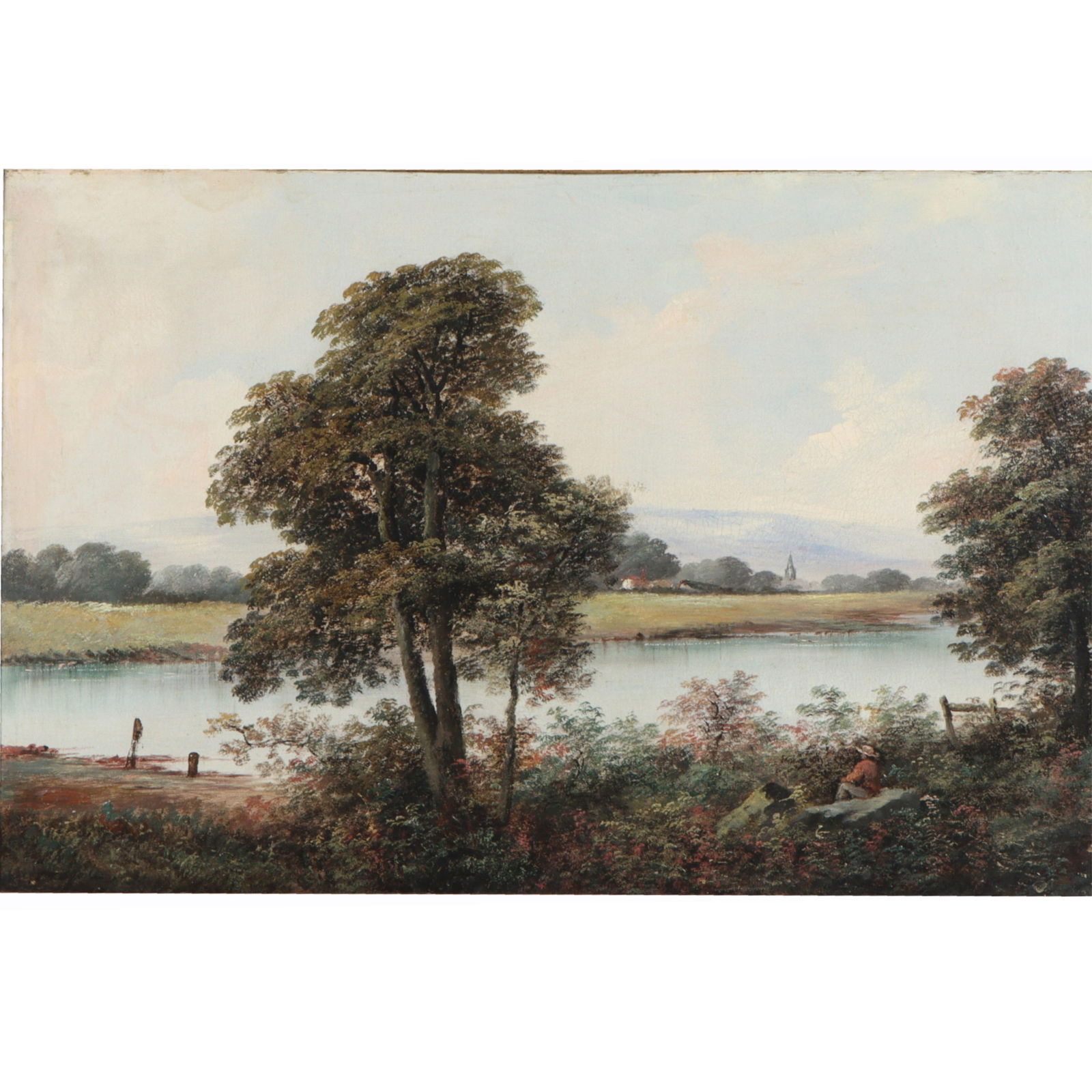 British School, 19th Century idyllic pastoral landscape with river oil painting with a figure seated: British School, 19th Century idyllic pastoral landscape with river oil painting with a figure seated on the shore and hills in the distance. In ornate gilt frame 19 1/2?H x 29 1/2?W (sight), 29 3/4? H