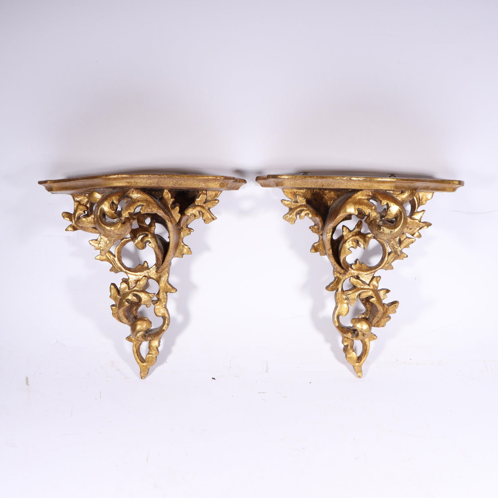 Pair Italian gilt Florentine wall bracket sconces. 11 1/2?H x 11 1/2? W x 6 1/4?D (1 of 10)