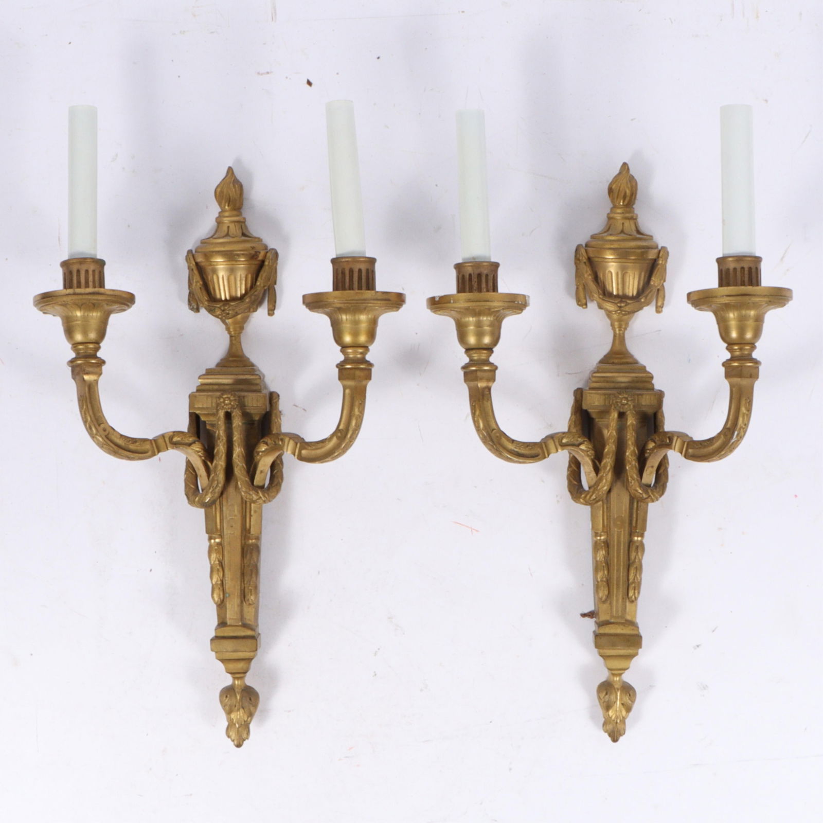 Pair Caldwell French Empire Neoclassical 2 light gilt bronze wall sconces with torch and garland (1 of 5)