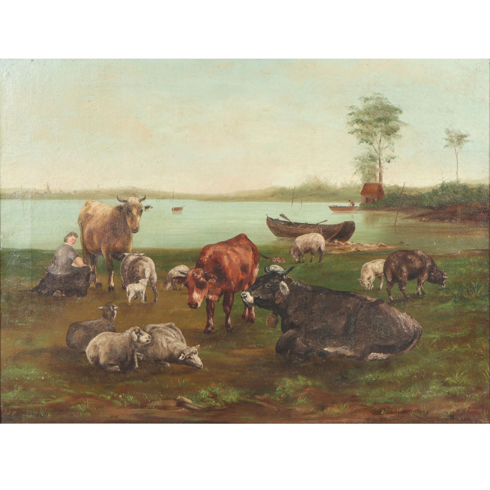 Adolf Hacker, German (1873 - 1943), milkmaid, cattle and sheep on the lake shore landscape, oil on (1 of 10)