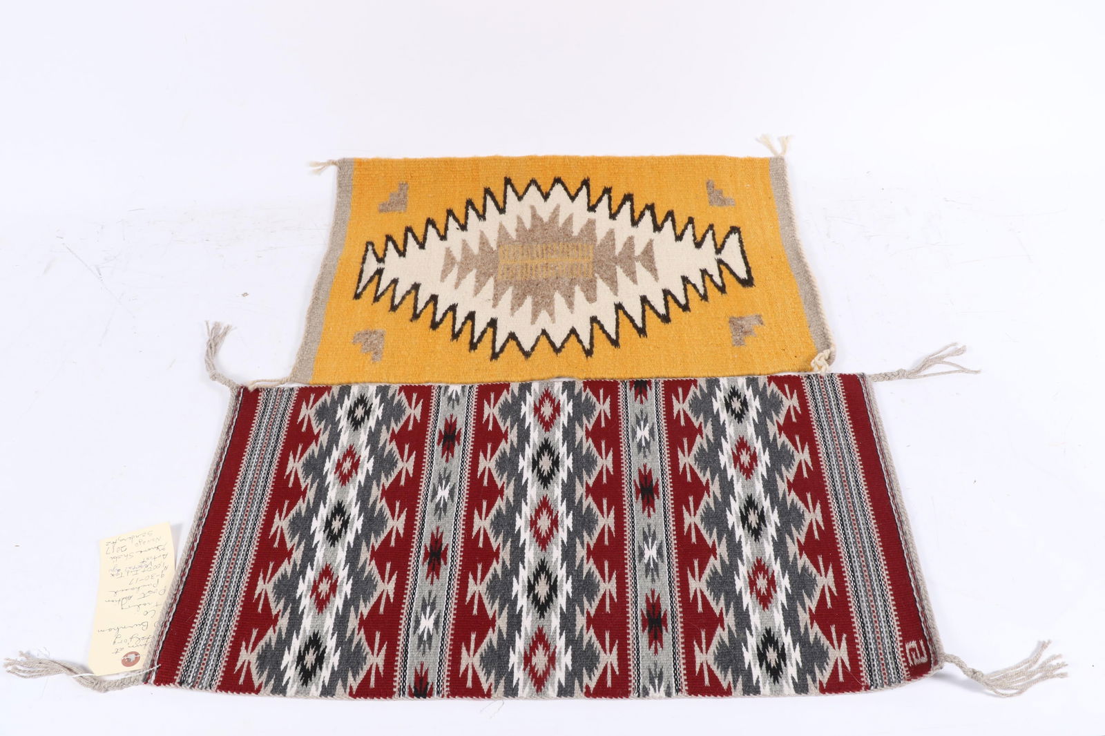 Pair Navajo Native American vegetal dyed rug weavings: banded geometric, serrated diamond 12 1/4"H x (1 of 6)