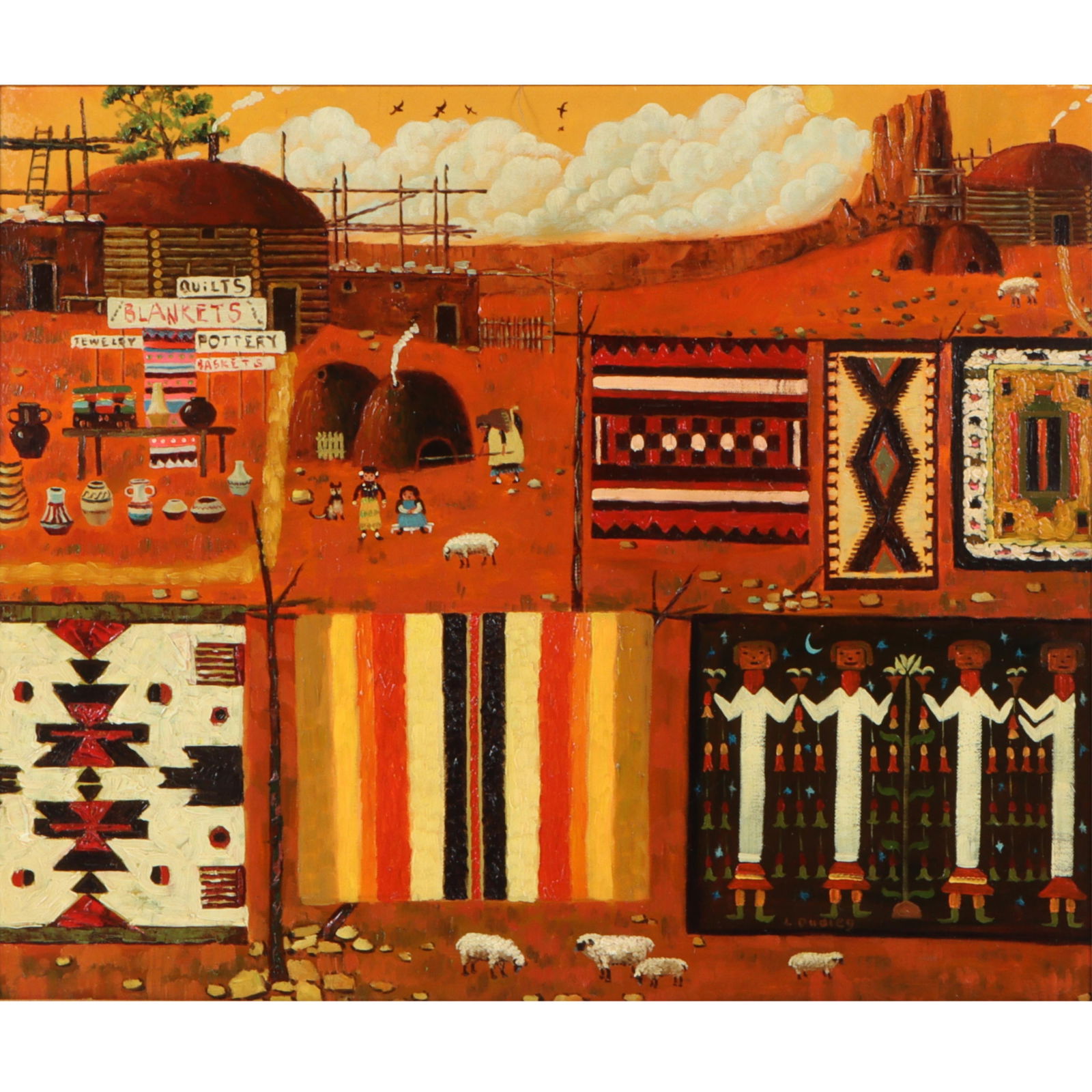 Vintage Native American Trading Post folk art scenic painting with Navajo Blanket weavings in (1 of 9)