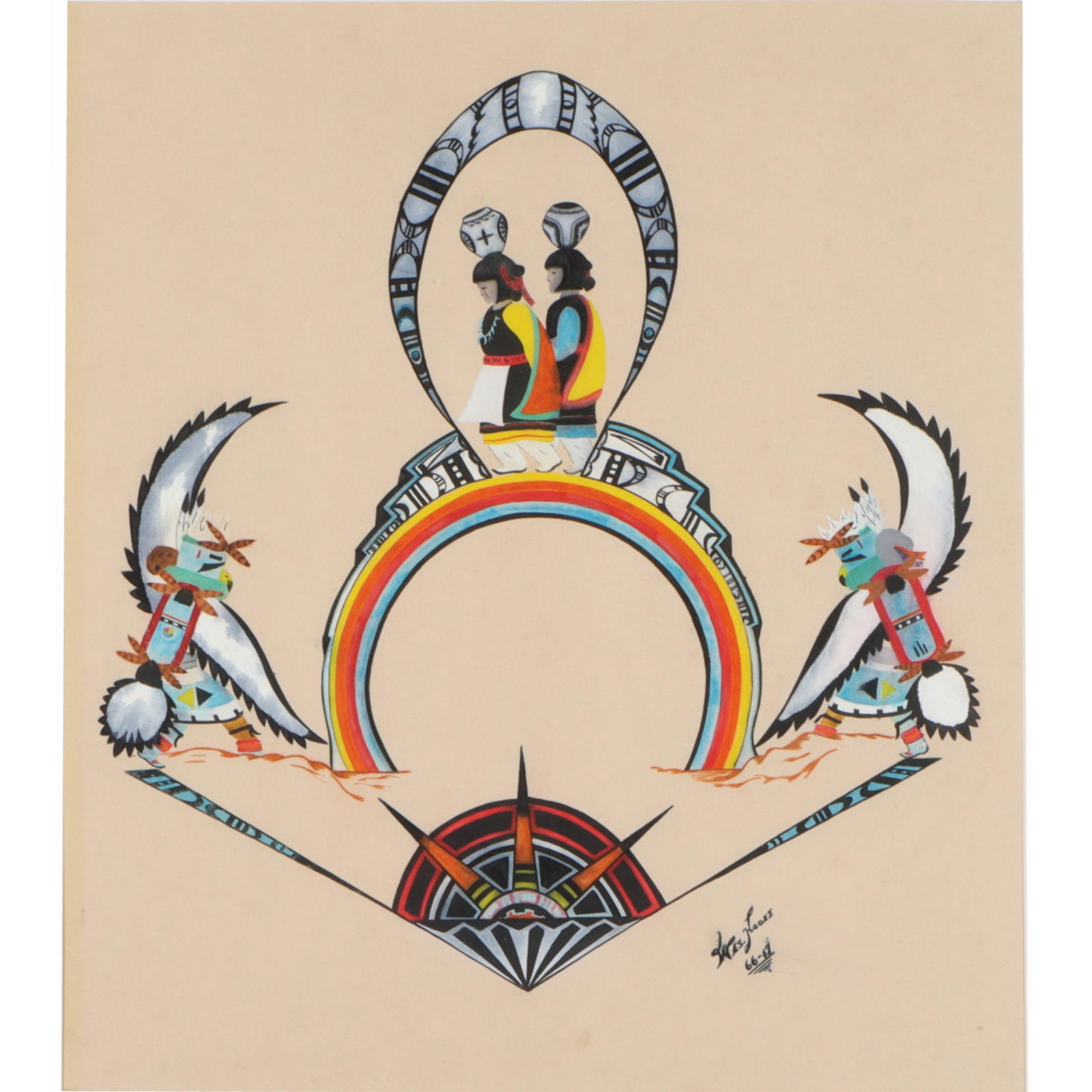 Wes Hooee Native American traditional Pueblo painitng; watercolor/tempera and ink on paper 16 1/4?H (1 of 8)