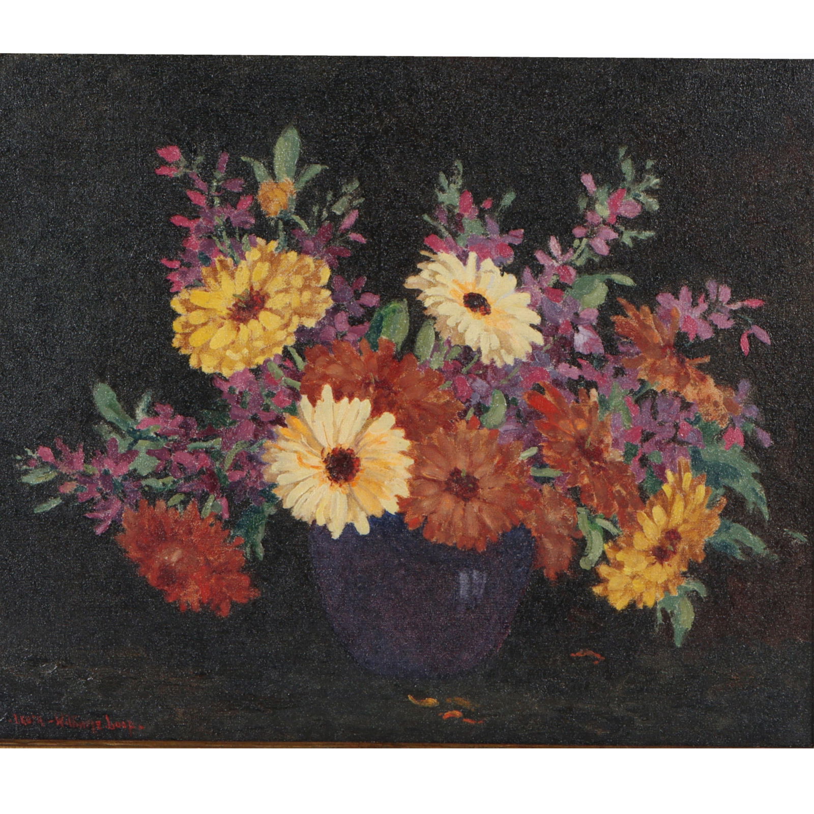 Leota Williams Loop, Indiana (1893-1961), Floral still life with zinnias, oil on canvas, 19 3/4? H X (1 of 9)
