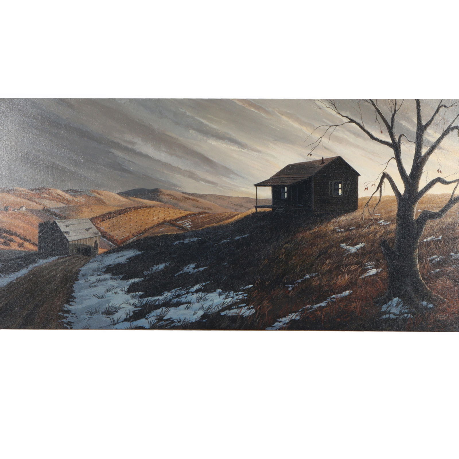 Harold L. Clay, New York (1926 - 2004), winter rural landscape with cabin and barn, oil on board, 23 (1 of 10)