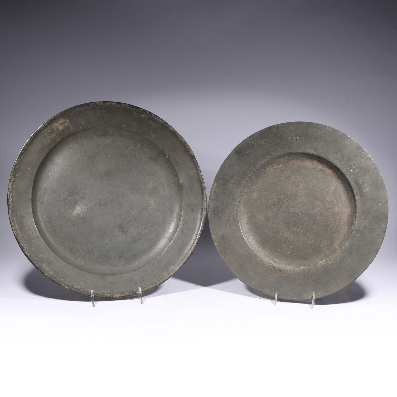 Two antique Continental pewter charger plates, ca. 18th/19th Century. 20"Diam. (largest) (1 of 14)