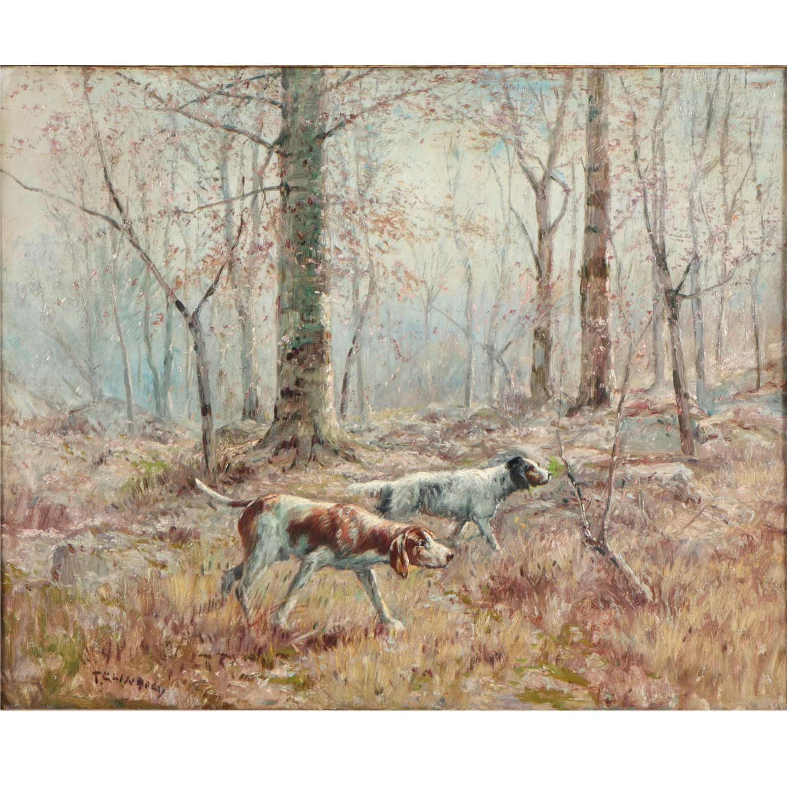 Thomas Corwin Lindsay, Ohio (1839 - 1907), interior forest landscape with hunting dogs, oil on (1 of 8)