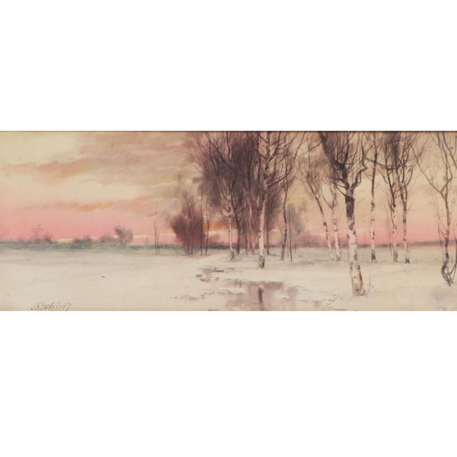 John Elwood Bundy, Indiana, North Carolina (1853 - 1933), winter sunset landscape with frozen: John Elwood Bundy Indiana, North Carolina (1853 - 1933) winter sunset landscape with frozen brook,1897 watercolor on paper Signed and dated lower left. Biography from the Archives of askART: Part of t