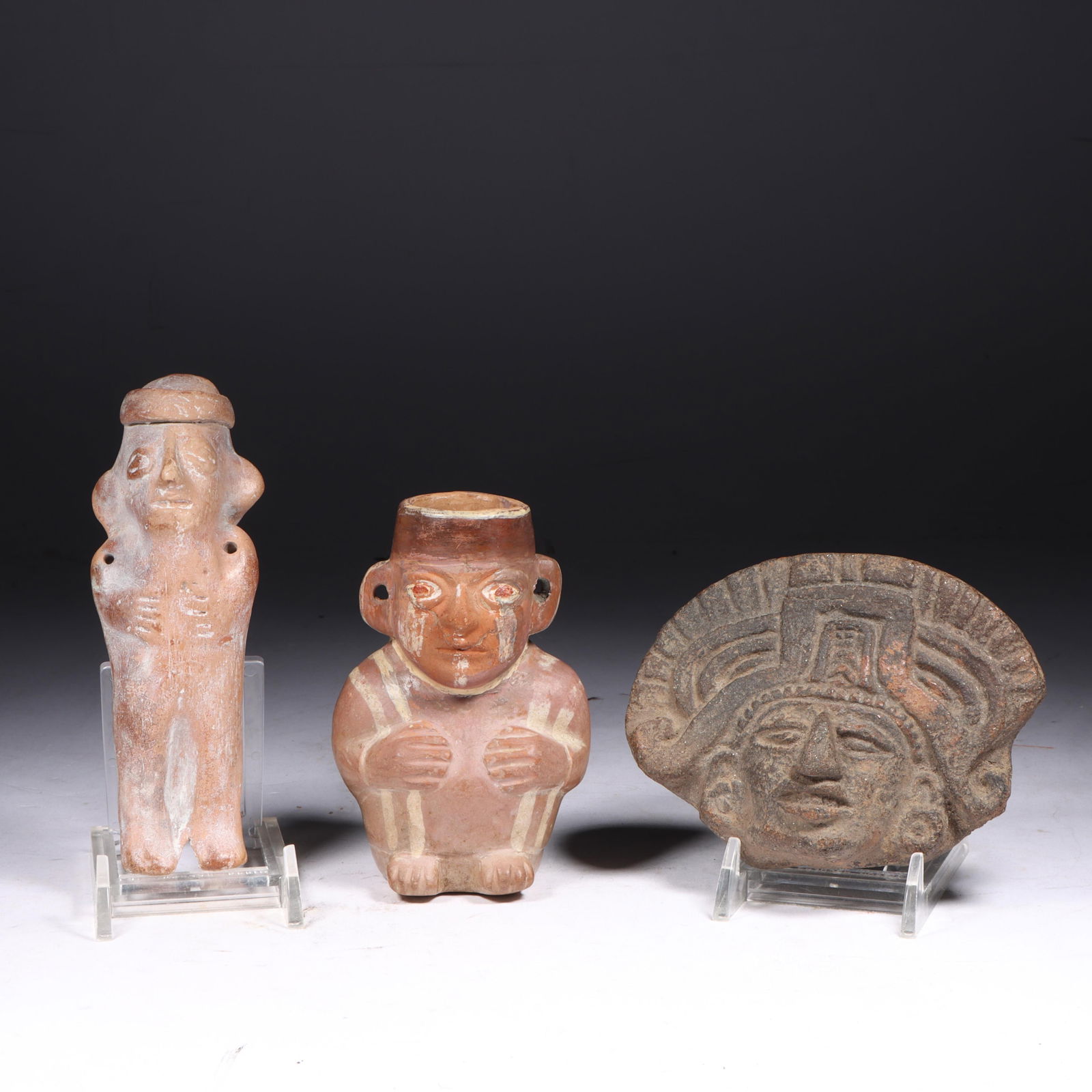 Three Pre-Columbian earthenware pottery relics, Zapotec head in headdress fragment, terracotta Moche (1 of 6)