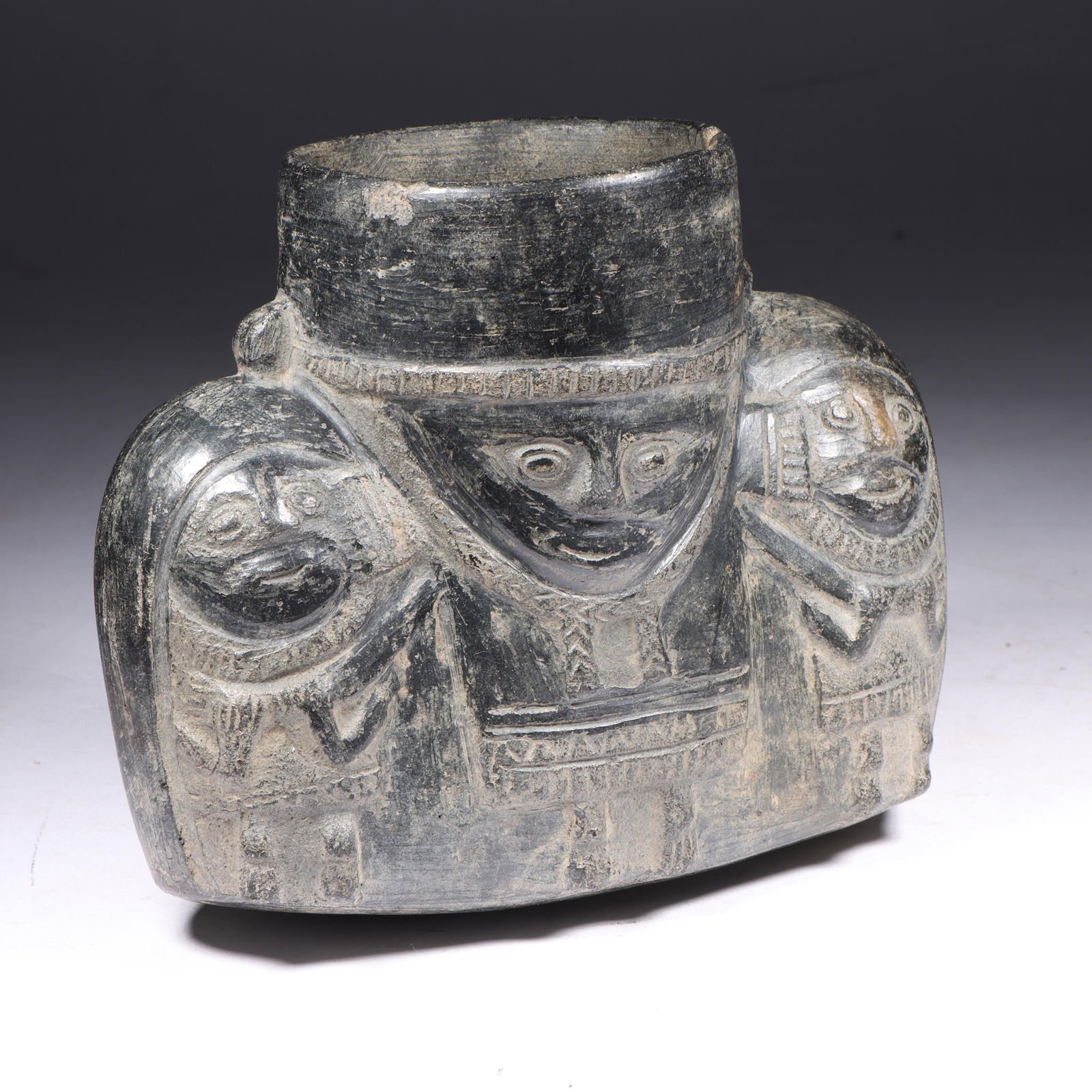 Pre-Columbian Moche/Chimu Peru ceremonial blackware pottery vessel in the form of three joined (1 of 12)