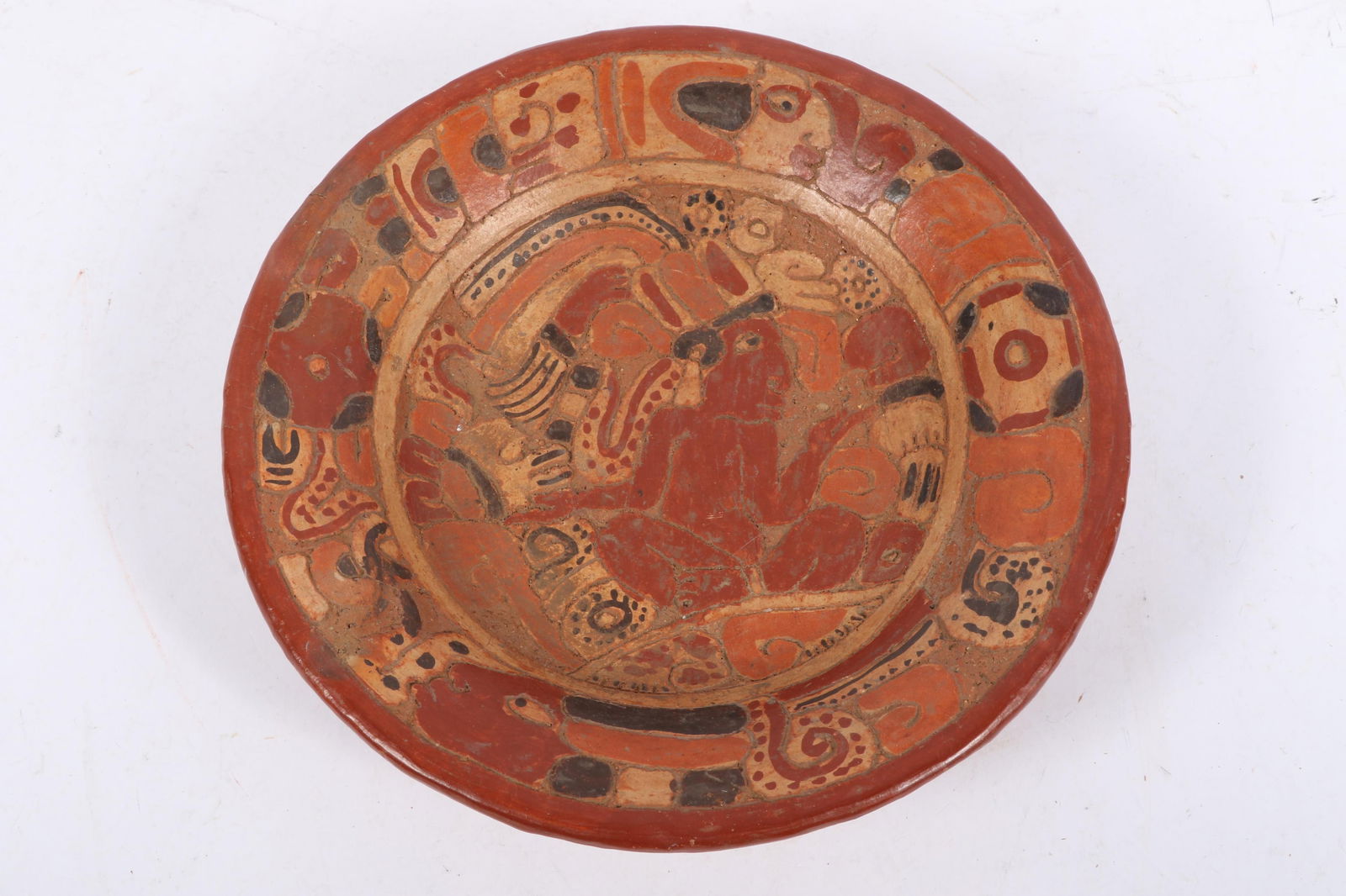 Mayan Pre Columbian polychrome pottery bowl vessel with incised figural decoration, and tripod (1 of 7)