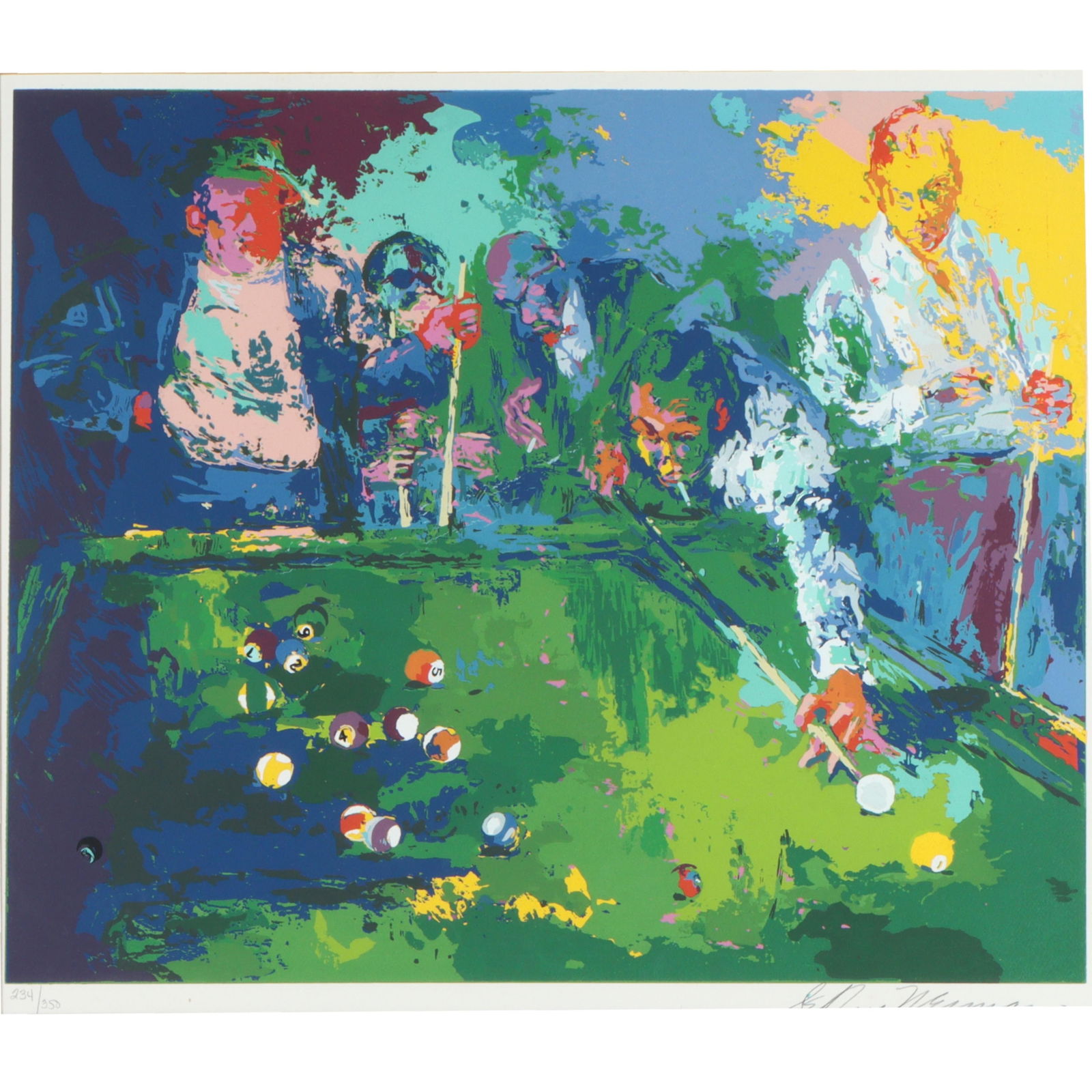 LeRoy Neiman, American (1921-2012), Pool Room, 1971, serigraph, 18 1/4"H x 20 1/4"W(sight), 25 3/4"H: LeRoy Neiman American (1921-2012) Pool Room, 1971 serigraph pencil signed and numbered 234/350 lower margin. Biography from the Archives of askART Known for his bright, colorful paintings and screen p
