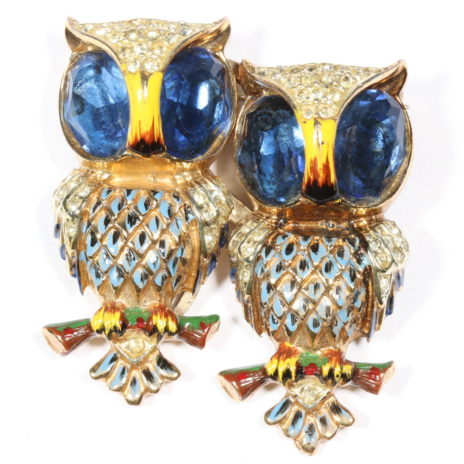 Coro / Coro Craft Adolph Katz enameled 'Hoots' owls sterling vermeil Duette dress clips brooch with: Coro / Coro Craft Adolph Katz enameled 'Hoots' owls sterling vermeil Duette dress clips brooch with blue crystal eyes and pave rhinestones American Costume Jewelry Vol. 1 by Carla Ginelli Brunialti &
