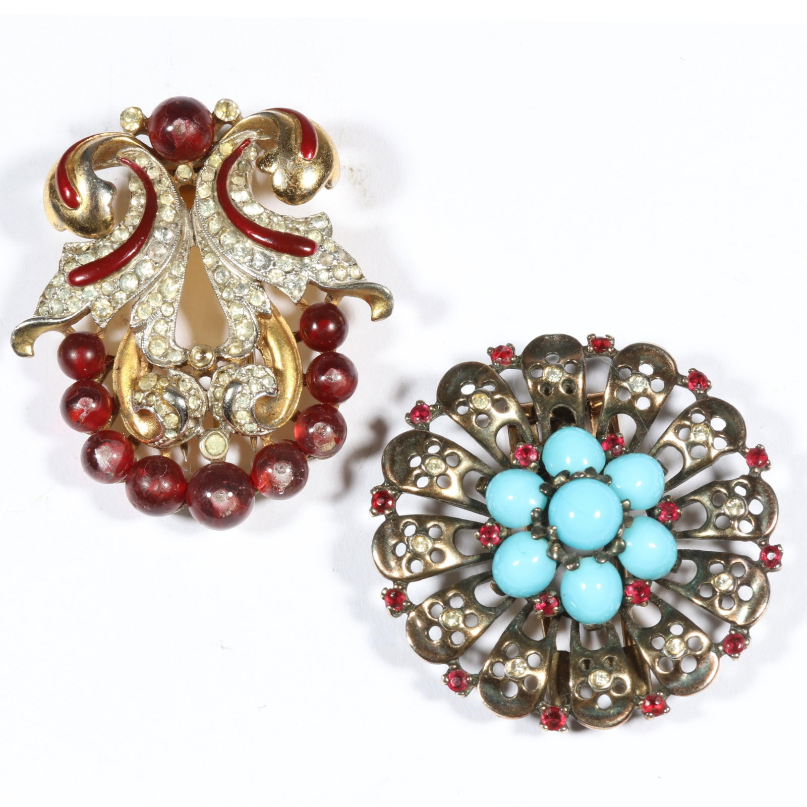 Trifari Alfred Philippe 2pc group: Empress Eugenie enamel fur clip and sterling vermeil turquoise: Trifari Alfred Philippe 2pc group: Empress Eugenie enamel fur clip and sterling vermeil turquoise art glass and ruby rhinestone fur clip Sterling mark almost all worn off of sterling fur clip and loss