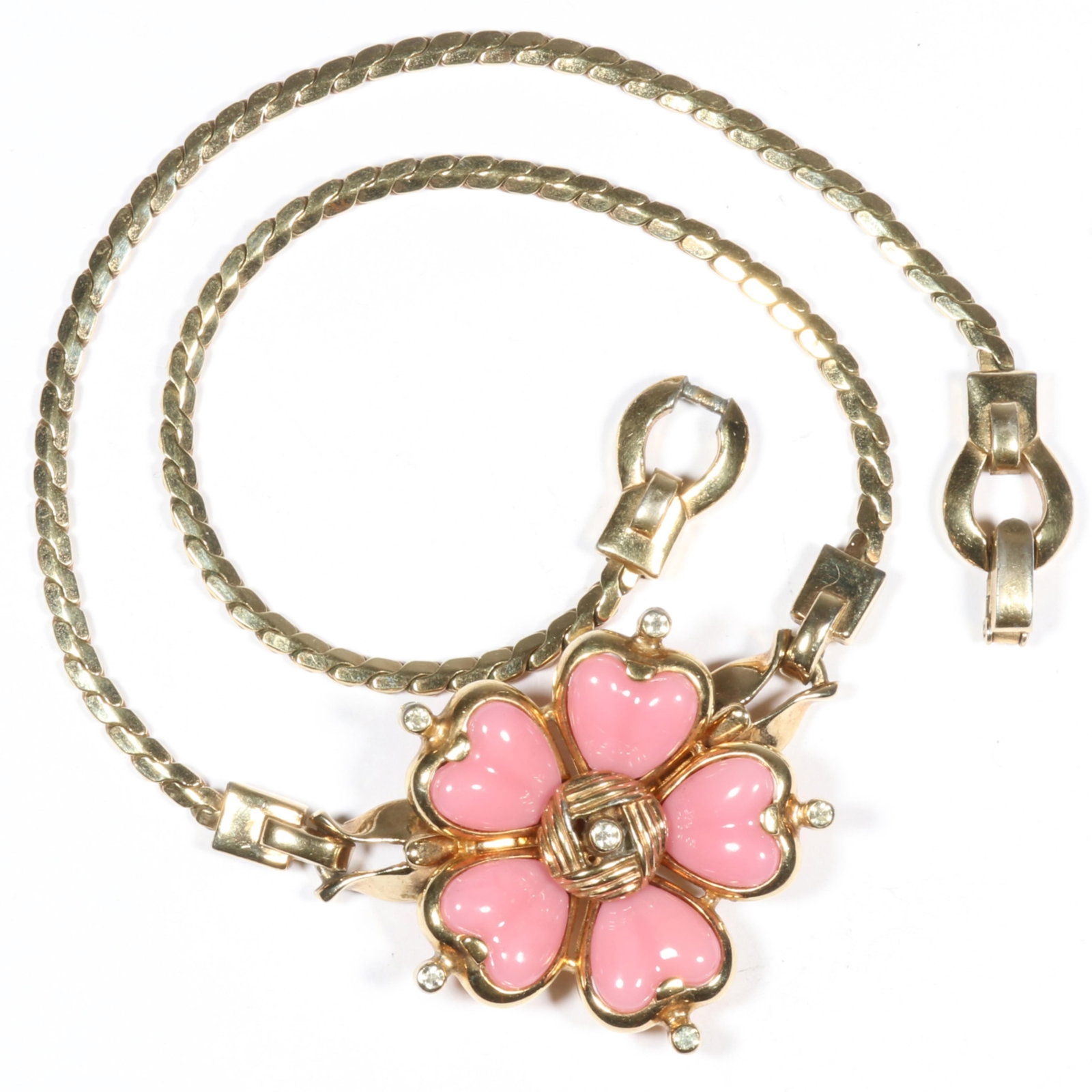 Mazer Bros Retro bubblegum pink glass petal flower necklace. 15"L x 1 1/2"W: Mazer Bros Retro bubblegum pink glass petal flower necklace. 15"L x 1 1/2"W