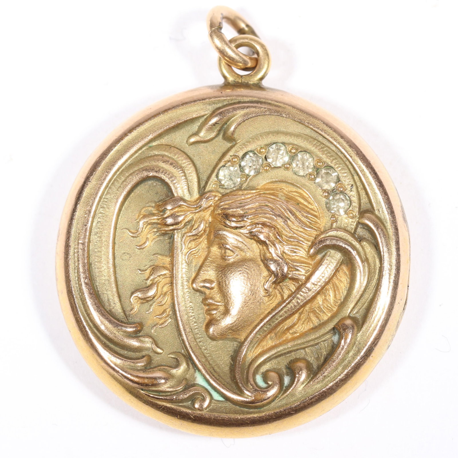 Antique Art Nouveau gold filled locket depicting Mucha style lady engraved CBR. 1 1/2"Drop x 1 1/8"W (1 of 9)