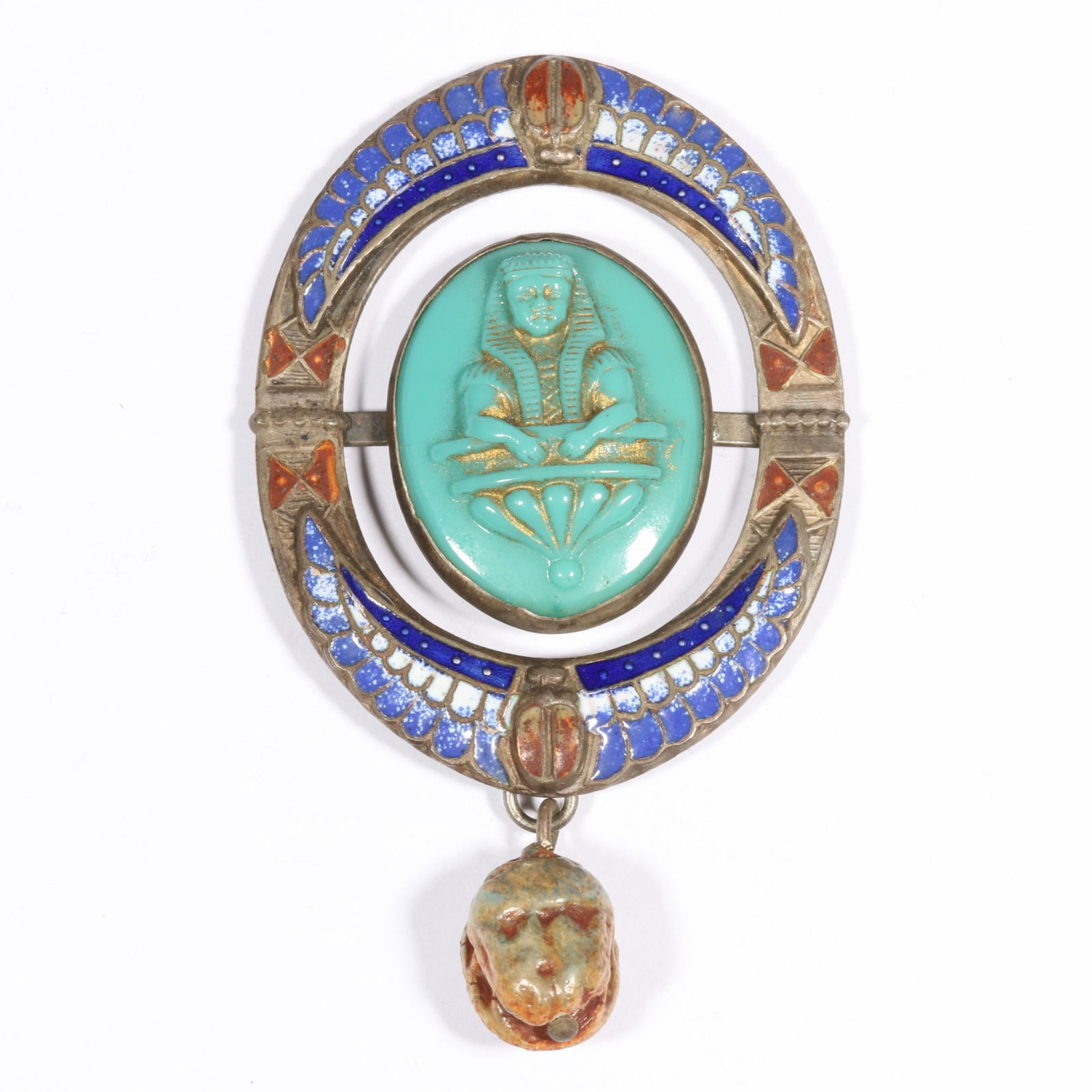 French Art Deco Egyptian Revival pendant with Czech glass pharaoh surrounded by enamel winged: French Art Deco Egyptian Revival pendant with Czech glass pharaoh surrounded by enamel winged scarabs and faience scarab drop. Marked made in France. 1920's New old stock From the life time collection