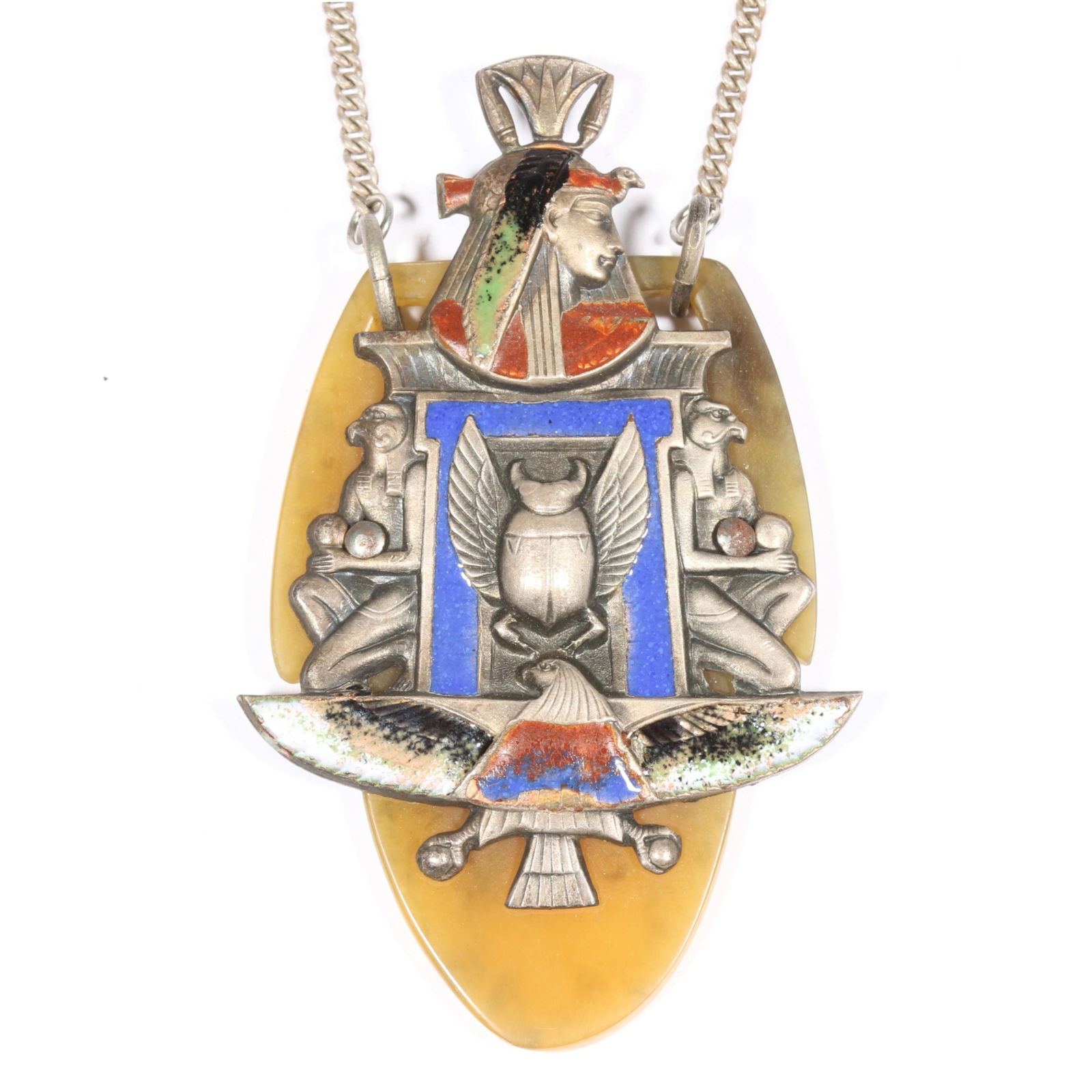 French Art Deco Egyptian Revival necklace with enameled metal mounted onto faux tortoise shell (1 of 8)