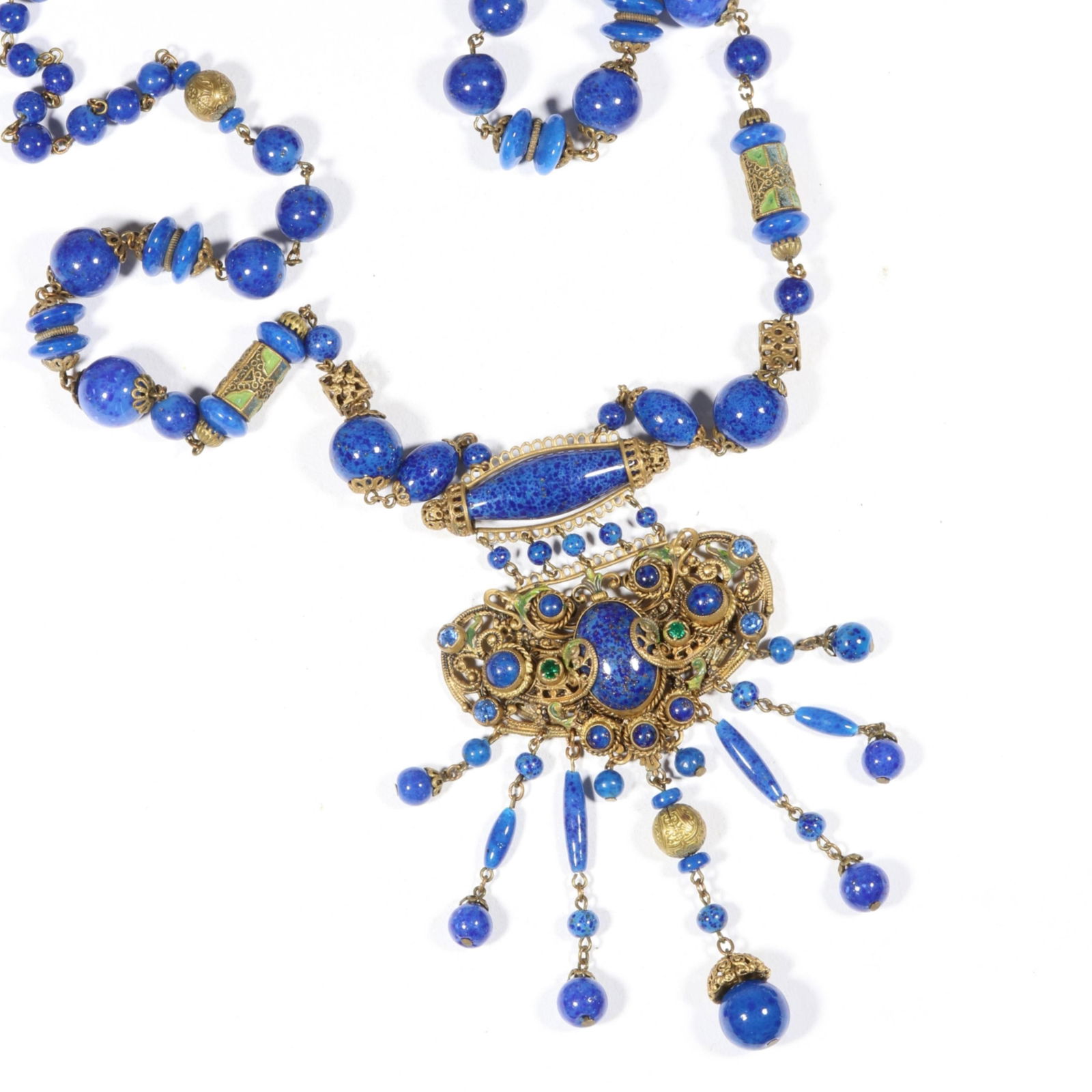 Antique Czech glass faux lapis lazuli ornate beaded drop necklace with filigree accents. 37"L x 4: Antique Czech glass faux lapis lazuli ornate beaded drop necklace with filigree accents. "Signed Czechoslavakia" From the inventory of the former vintage costume jewelry business, "Aunt Tink", "seller
