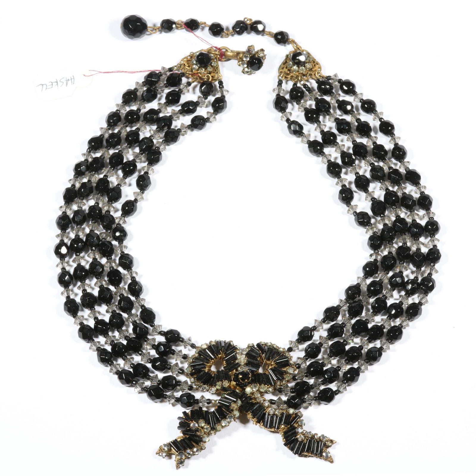 Miriam Haskell black and clear beaded multistrand bow necklace. 16 3/4"L x 2"W (1 of 9)