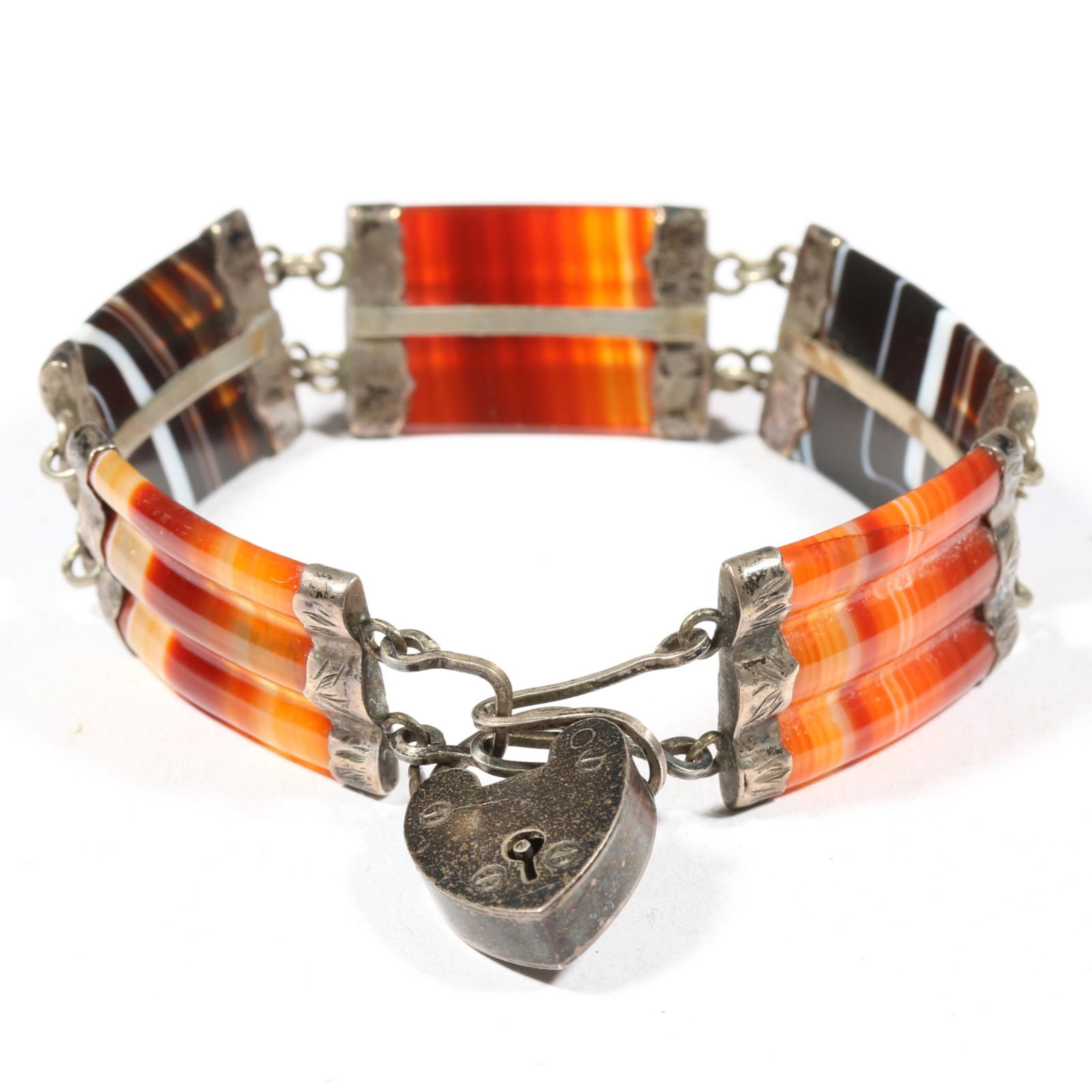 Antique Scottish banded agate silver panel bracelet with heart padlock. 8"L x 3/4"W (1 of 9)
