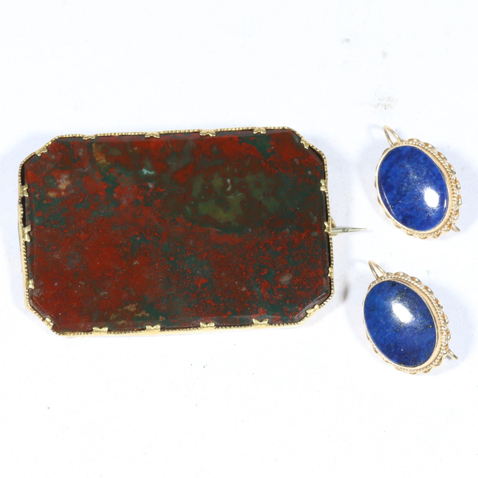 Antique Victorian 14K yellow gold lapis lazuli earrings with large bloodstone set in 14K yellow (1 of 7)