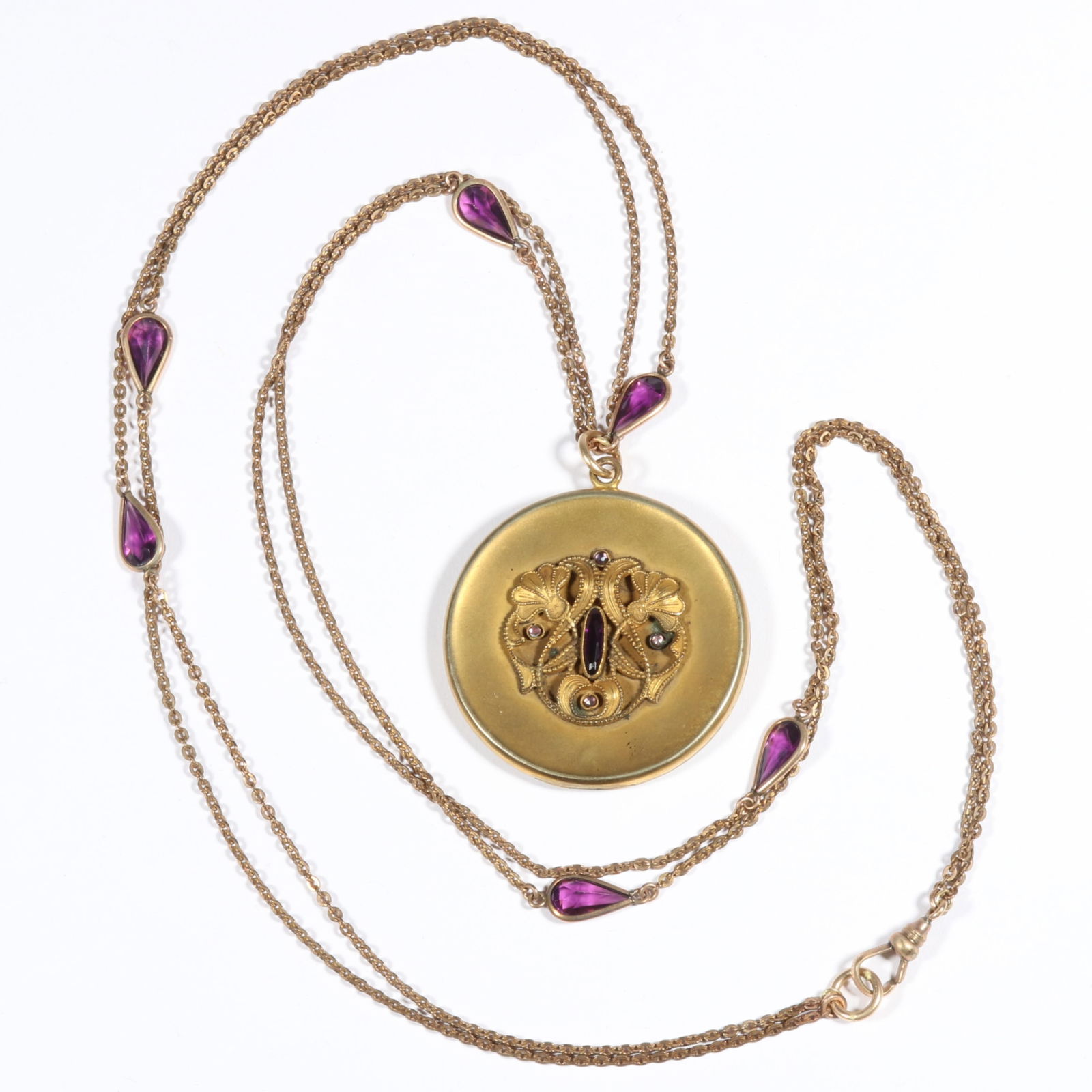 Antique Victorian amethyst gemstone locket engraved "CE" on Bates & Bacon gold filled amethyst (1 of 9)