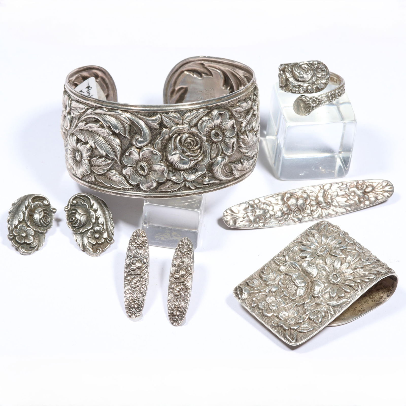 Sterling silver floral repousse jewelry group including S. Kirk & Son matching bracelet, earrings, (1 of 18)