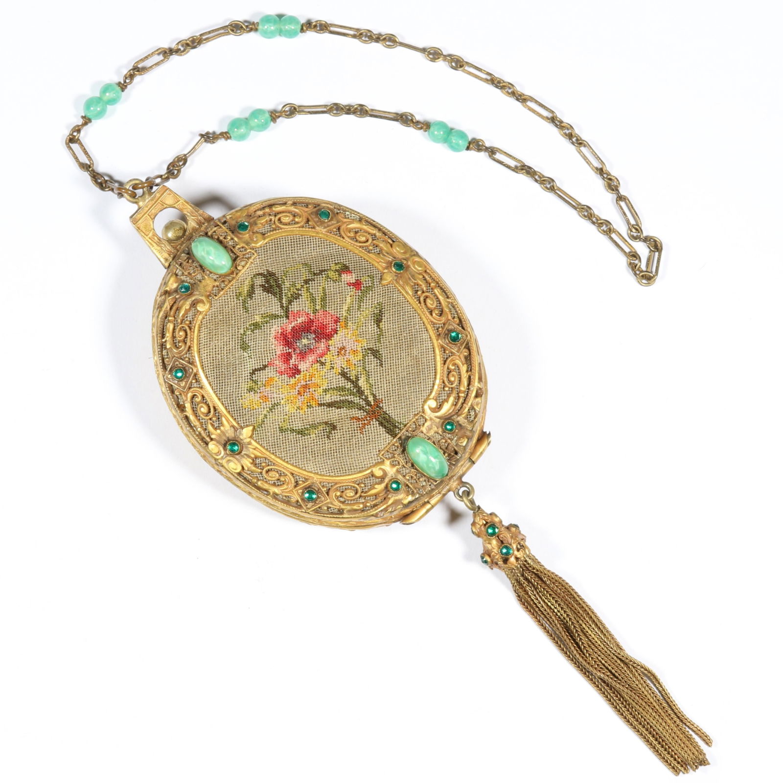 Antique Victorian Trinity Plate floral cross stitch purse with ornate rhinestone and art glass: Antique Victorian Trinity Plate floral cross stitch purse with ornate rhinestone and art glass cabochon gilt frame, tassel drop and beaded chain with mirror and small coin purse. Inside material is fa