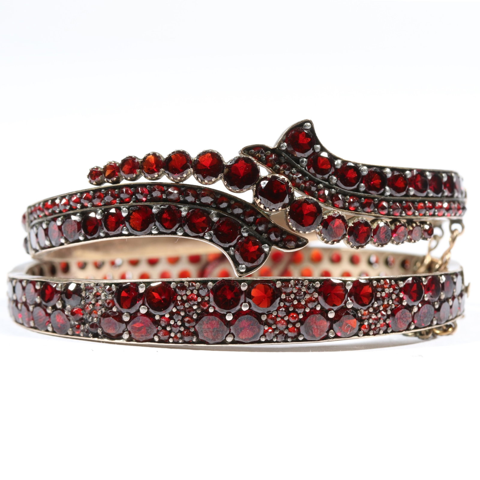 Pair of antique Bohemian garnet hinged bangle bracelets. 7/8"H x 2 1/8"Inner Diameter (smaller (1 of 18)