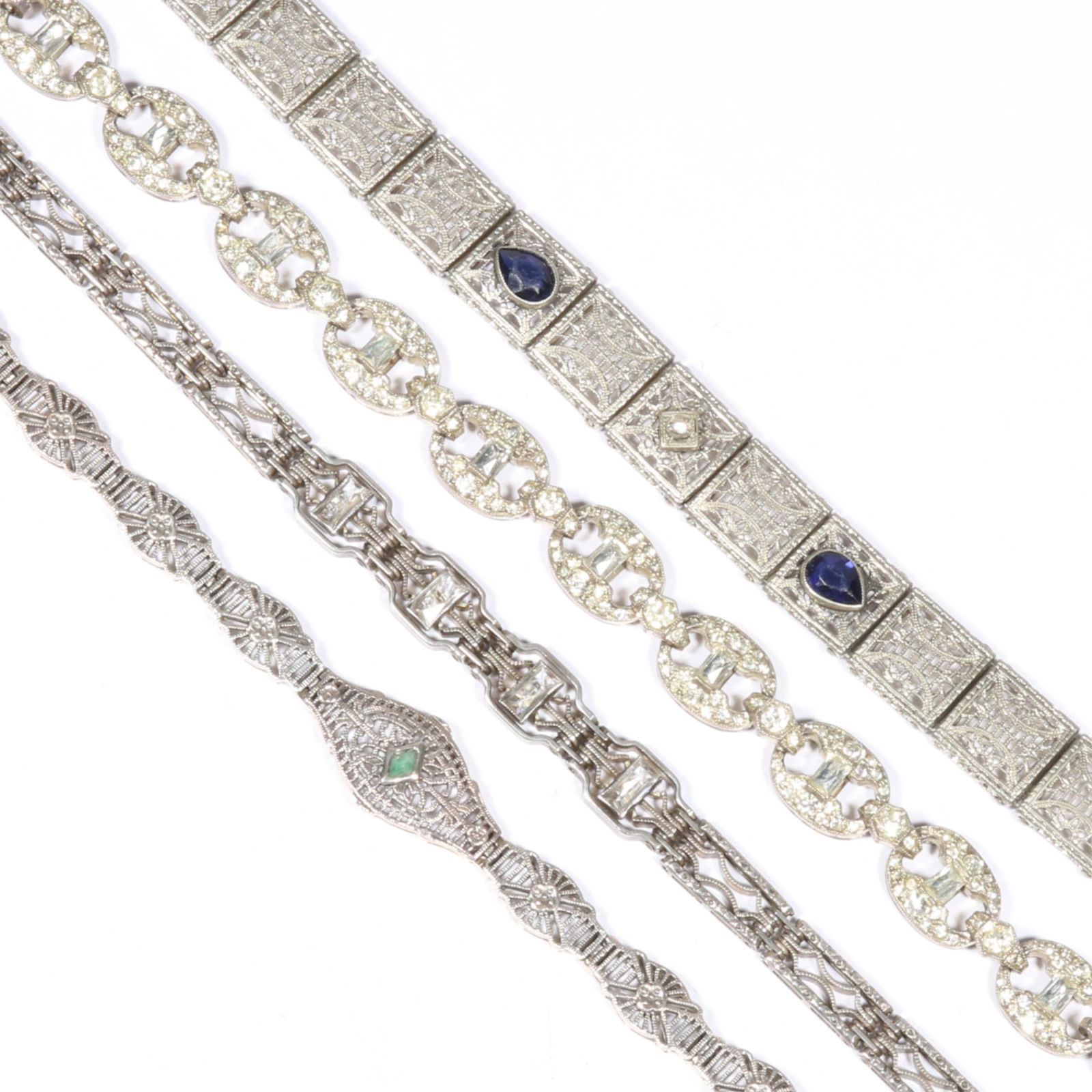 Art Deco mostly sterling silver filigree bracelet group. 7 3/8"L x 1/2"W (blue stone bracelet) (1 of 17)