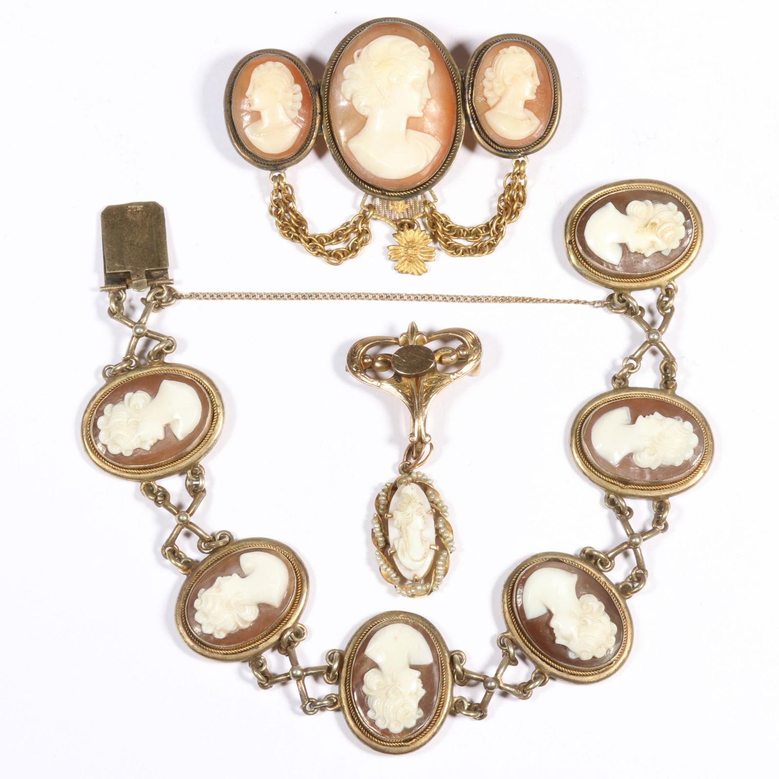 Antique Victorian 800 silver cameo bracelet, cameo pendant brooch, and gold filled fob with cameo (1 of 16)