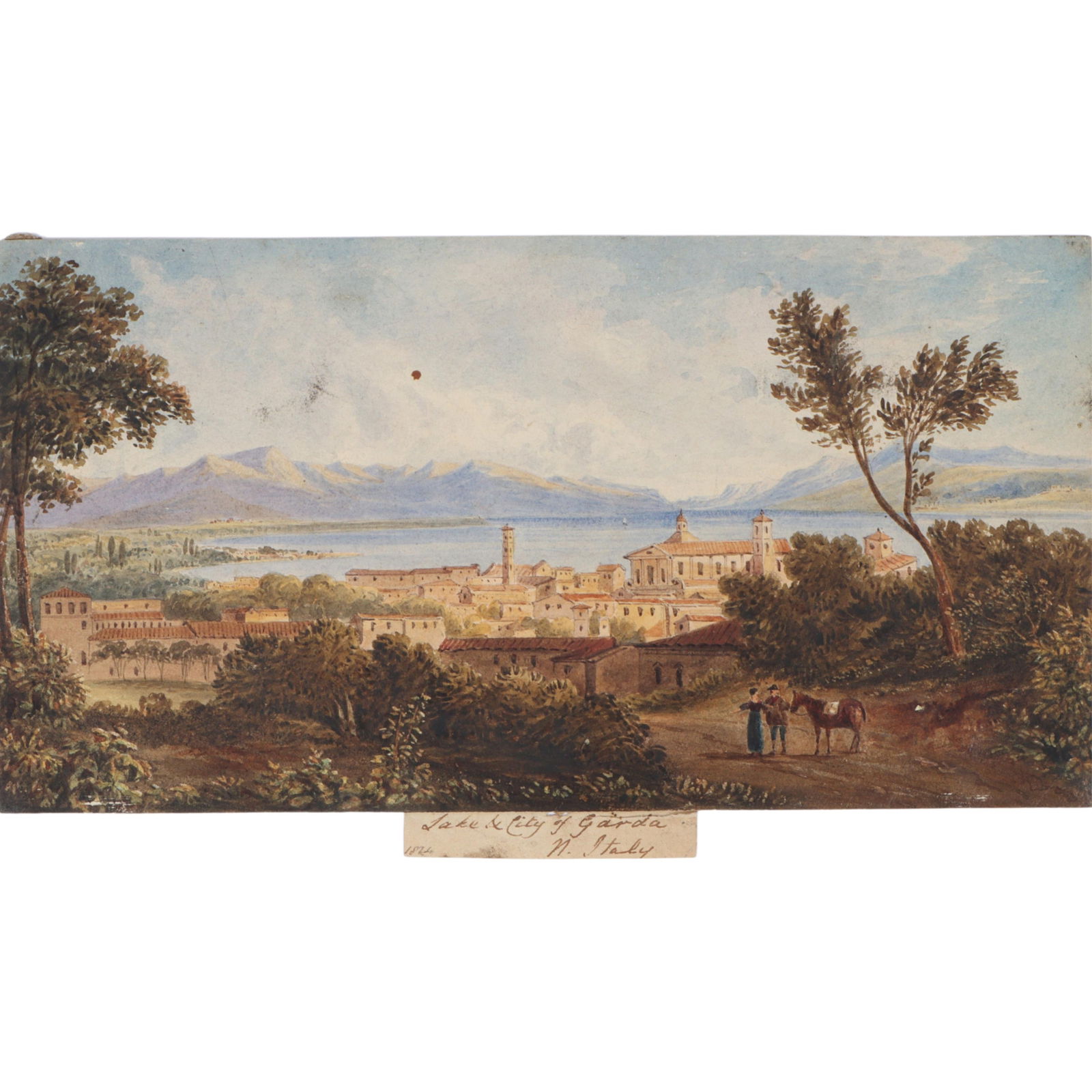 Italian School village with view of Lake & City of Garda, Northern Italy, antique watercolor: Italian School village with view of Lake & City of Garda, Northern Italy, antique watercolor painting on paper, late 19th century, 1874. 5 1/2"H x 9 3/4"W
