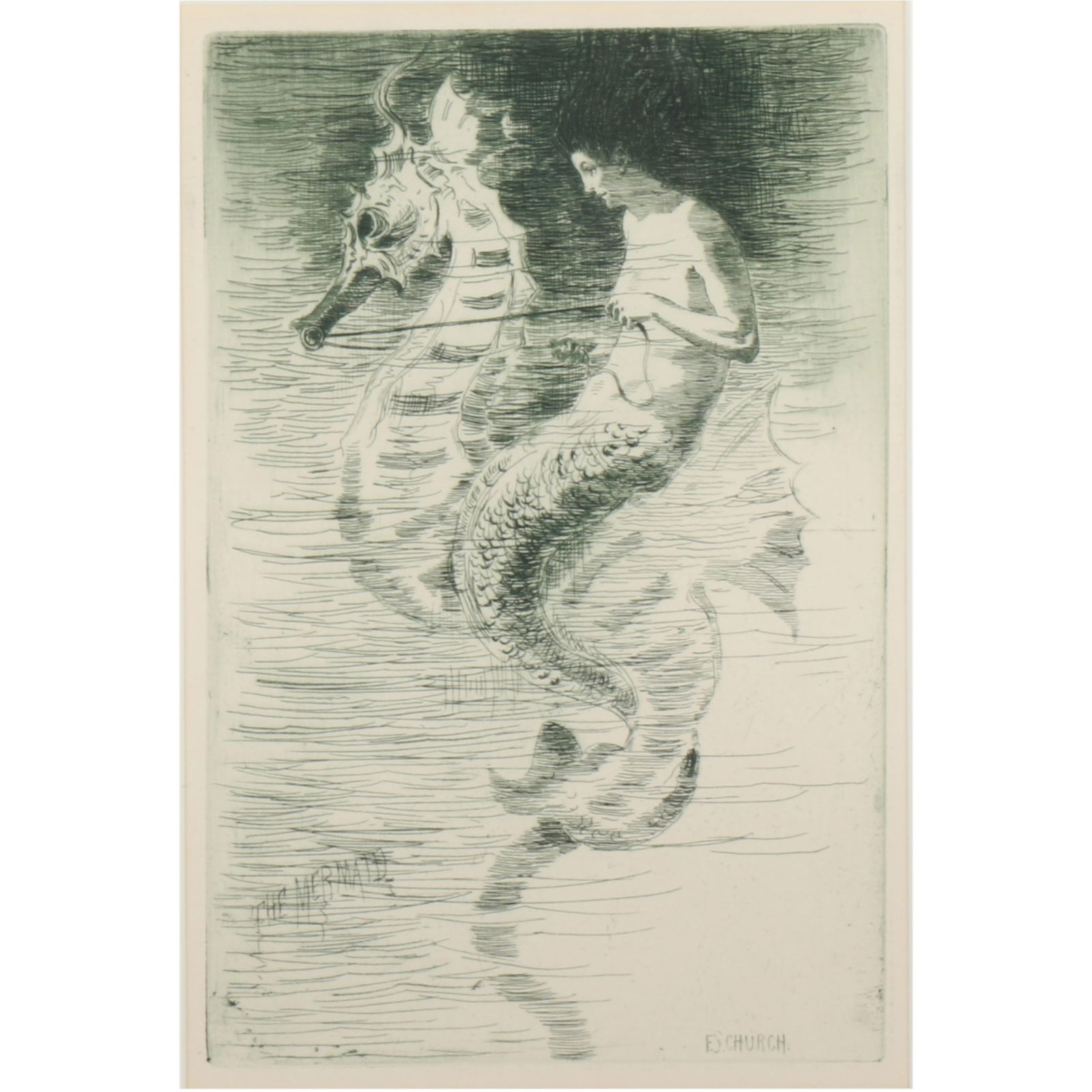 Frederick Stuart Church, American (1842 - 1924), The Mermaid, etching, 9 1/4? H X 6 1/4? W (sight);: Frederick Stuart Church American (1842 - 1924) The Mermaid etching Signed in the print. Biography from the Archives of askART: Known for his decorative work with a sense of fun and humor, especially o