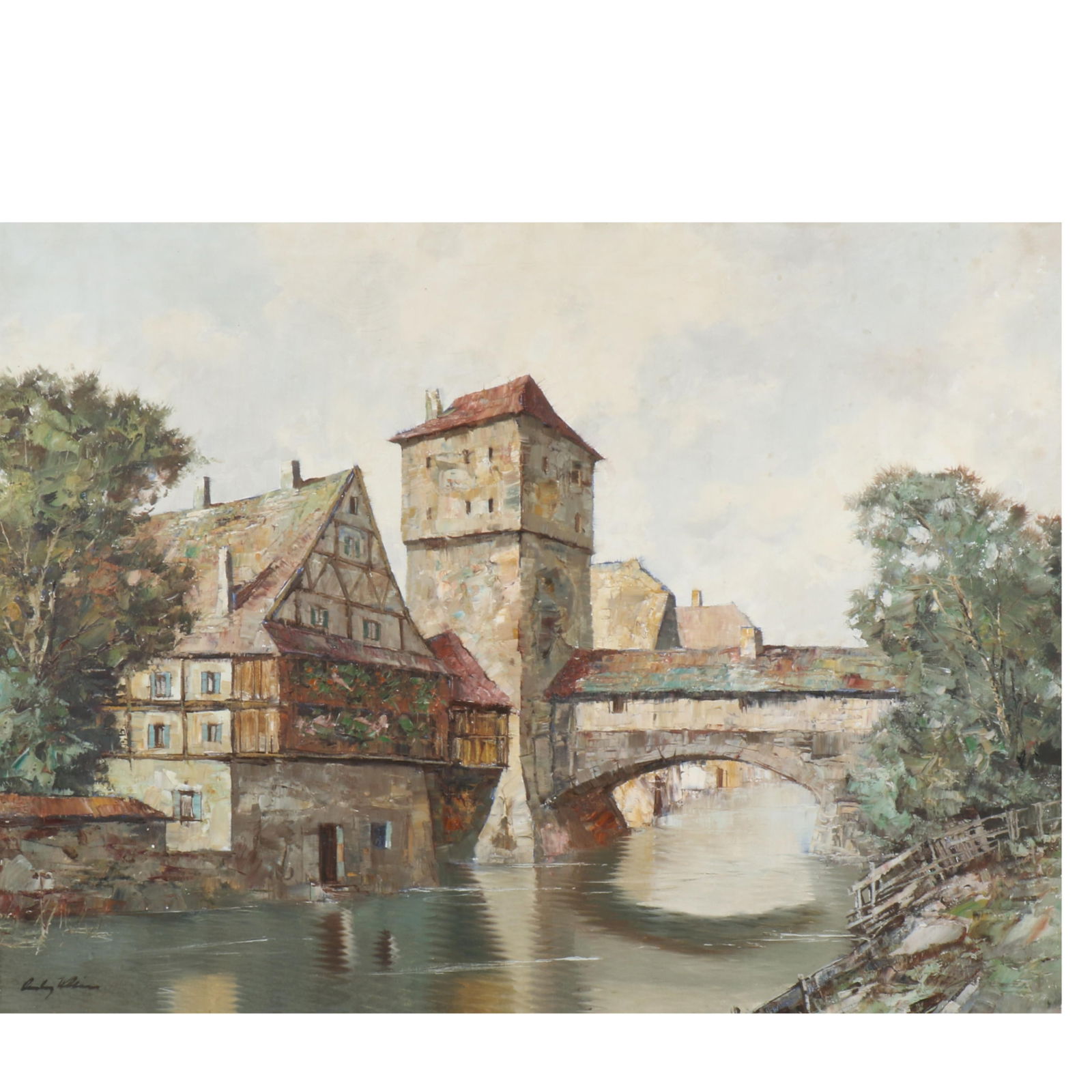 D. Klein?, German School (20th Century), Hangman's Bridge, The Henkersteg, with the Wasserturm,: D. Klein? German School (20th Century) Hangman's Bridge, The Henkersteg, with the Wasserturm, Nuremberg, Germany, village scene oil on canvas Signed lower left. 23 3/4"H x 31 1/2"W (Stretcher), 29 1/4