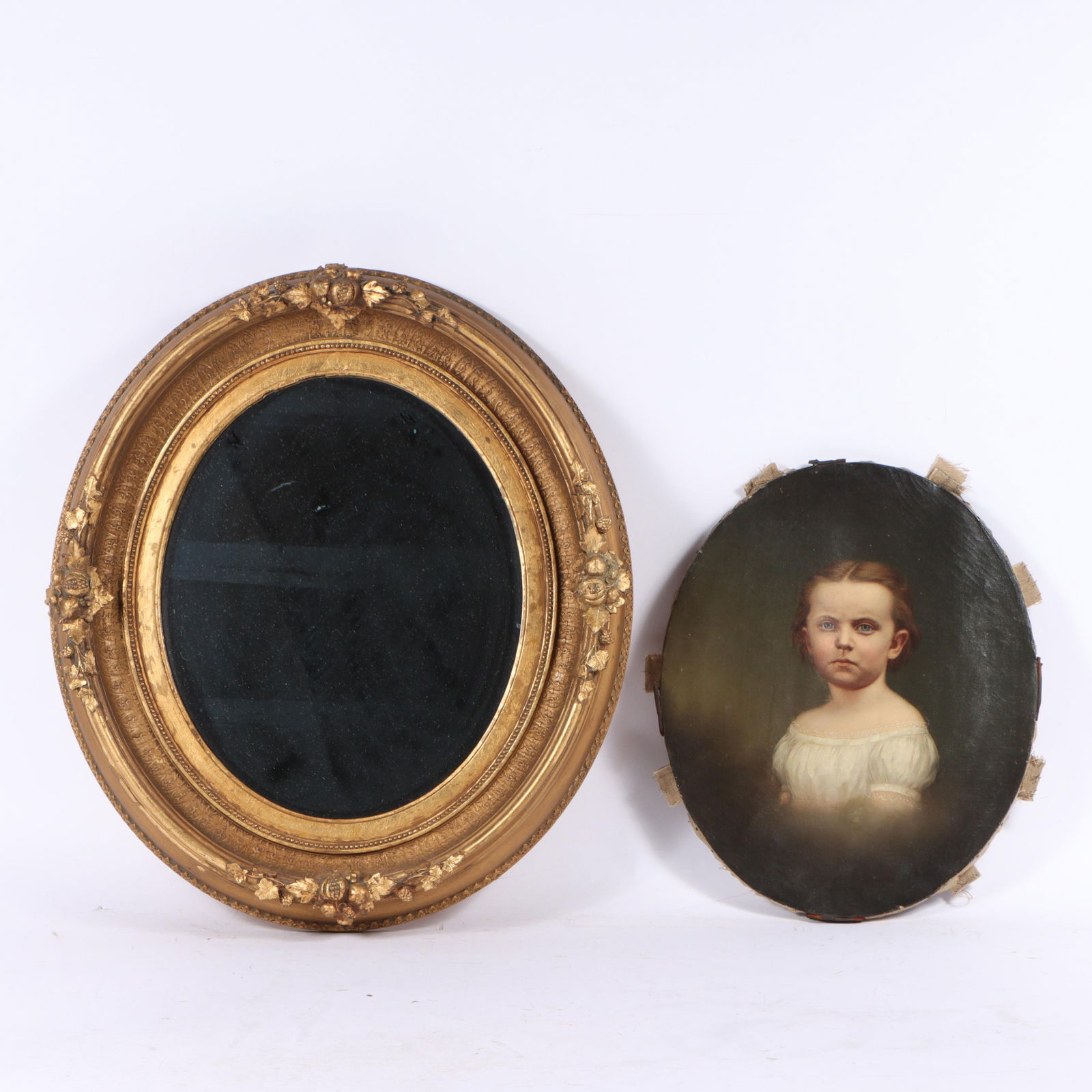 Antique Victorian, 19th Century, gilt oval mirror with ornate berry motif and oval child portrait (1 of 14)