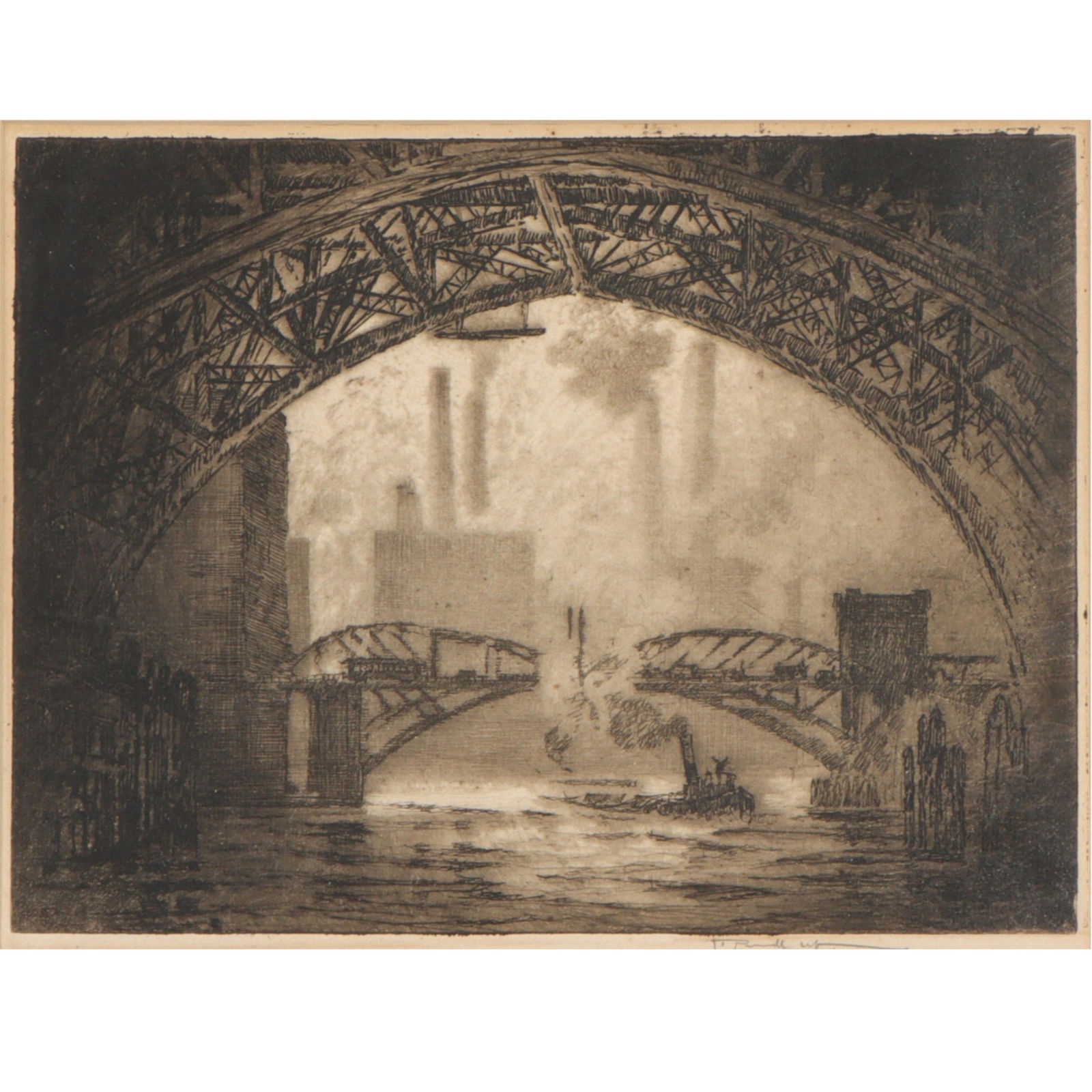 Joseph Pennell, American (1857 - 1926), Under the Bridges, Chicago, 1910, etching, 9 1/8"H x 12: Joseph Pennell American (1857 - 1926) Under the Bridges, Chicago, 1910 etching Pencil signed lower right. The Closson Art Galleries label verso. Biography from the Archives of askART: Born in Philadel