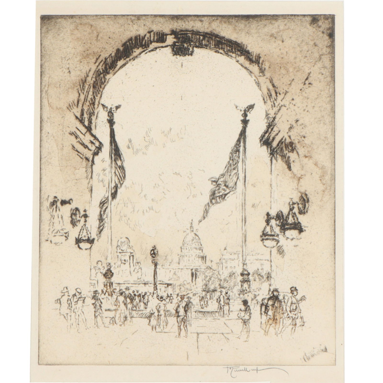 Joseph Pennell, American (1857 - 1926), City View Through Arch, etching, 11 7/8"H x 9 7/8"W(plate),: Joseph Pennell American (1857 - 1926) City View Through Arch etching Pencil signed lower right, trial proof. Biography from the Archives of askART: Born in Philadelphia, Pennsylvania, Joseph Pennell b