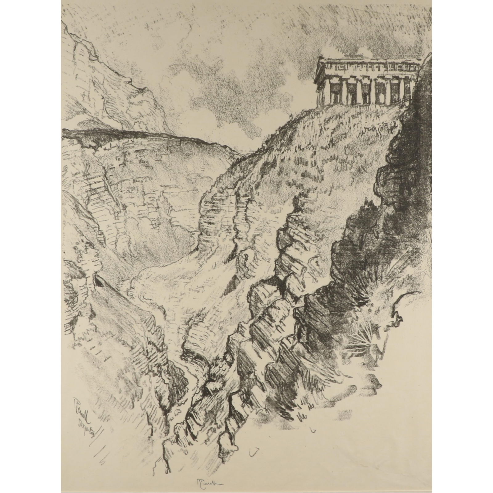Joseph Pennell, American (1857 - 1926), The Temple Over the Canyon, Segesta, 1913, lithograph, 22: Joseph Pennell American (1857 - 1926) The Temple Over the Canyon, Segesta, 1913 lithograph Pencil signed lower center. Repair lower right. Biography from the Archives of askART: Born in Philadelphia,
