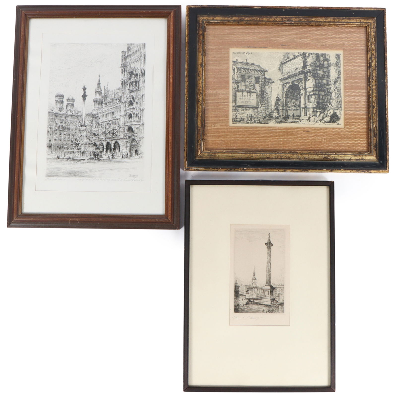Three antique architectural etchings: Edward J. Cherry (British, 1886-1960) Nelson's Column, London, (1 of 16)