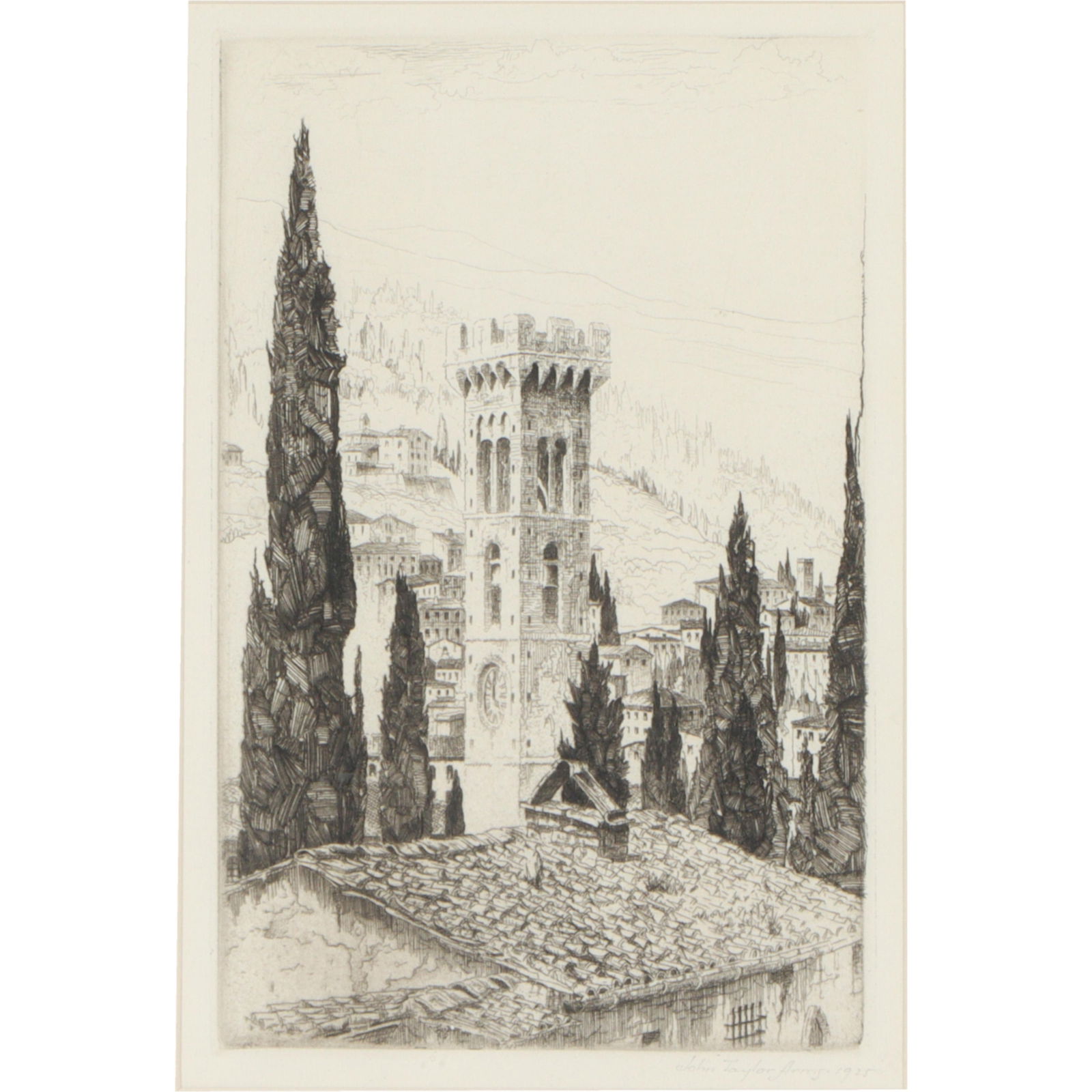 John Taylor Arms, American (1887-1953), Fiesole, 1925, etching, 8 1/2"H x 5 1/2"W(sight), 14 1/2"H x (1 of 9)