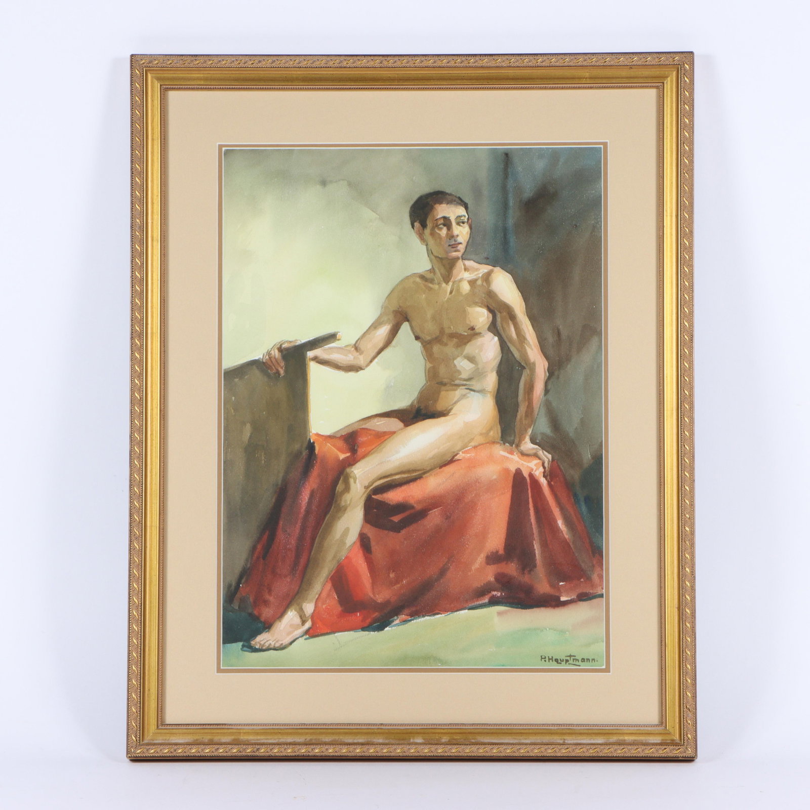Paul Hauptmann, German (1887-1940), seated male nude study, watercolor, 16 1/4"H x 11 3/4"W(sight),: Paul Hauptmann German (1887-1940) seated male nude study watercolor Signed lower right. Biography from Dawo Auktionen Paul Hauptmann was a German artist who studied at the University of Applied Arts w
